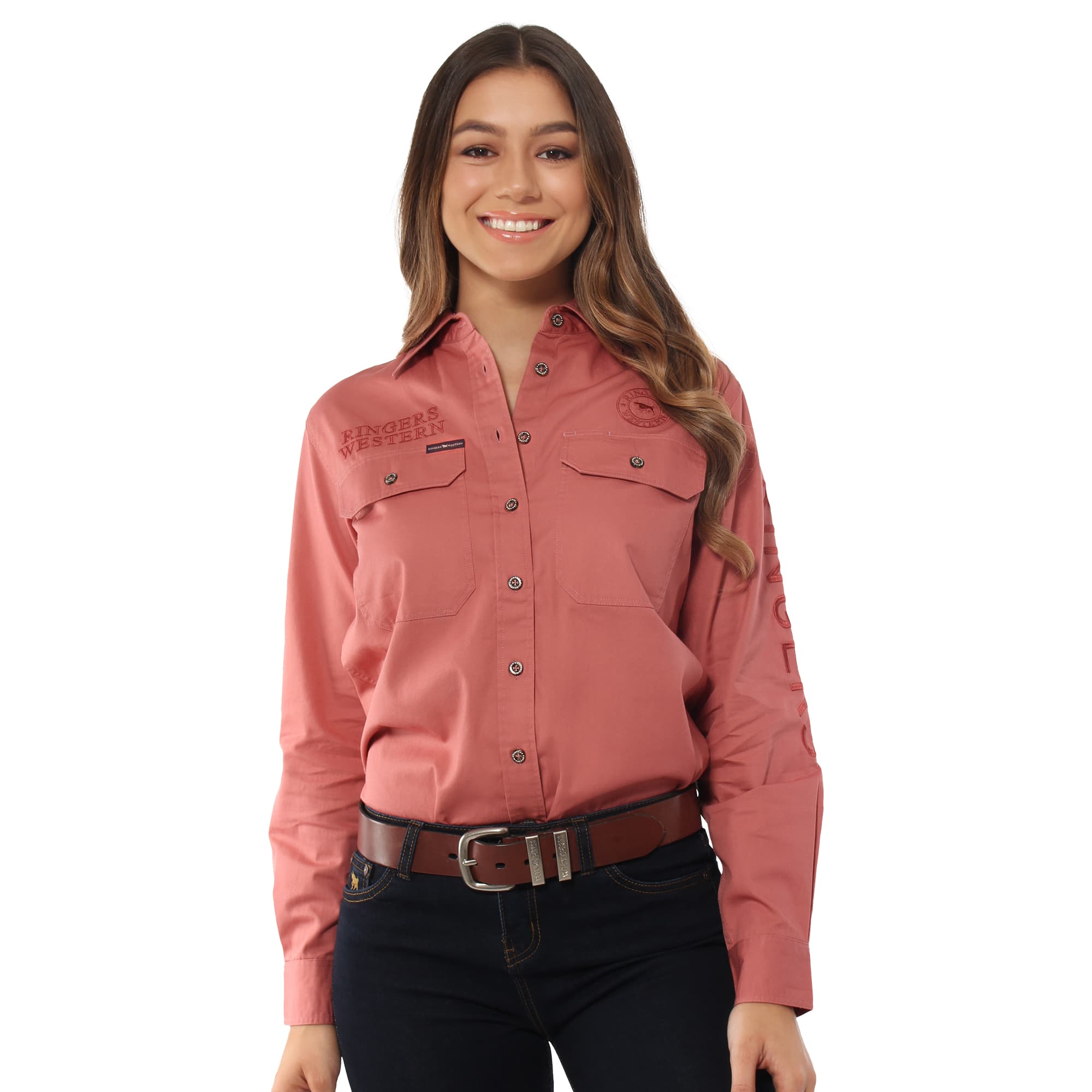 Signature Jillaroo Womens Full Button Work Shirt- Canyon Rose With Canyon Rose Embroidery - Ringers Western Toowoomba