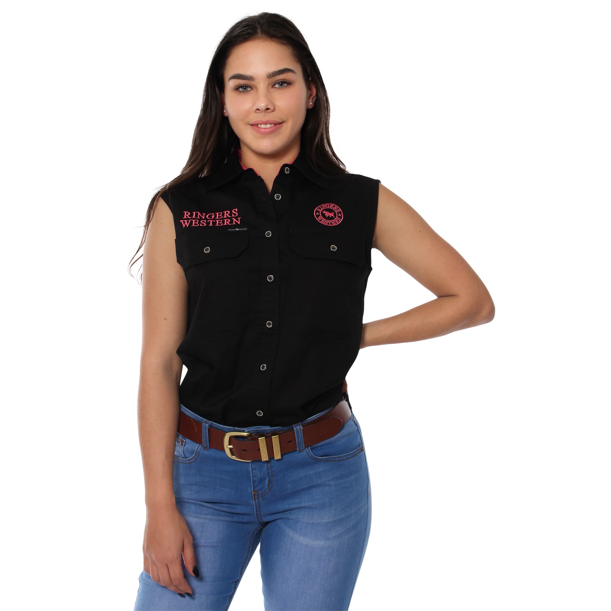 Signature Jillaroo Womens Sleeveless Work Shirt - Black With Melon Embroidery - Ringers Western Toowoomba