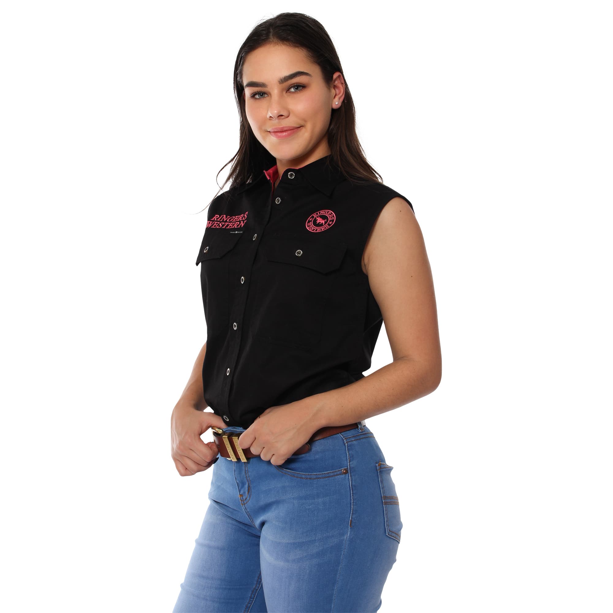 Signature Jillaroo Womens Sleeveless Work Shirt - Black With Melon Embroidery - Ringers Western Toowoomba