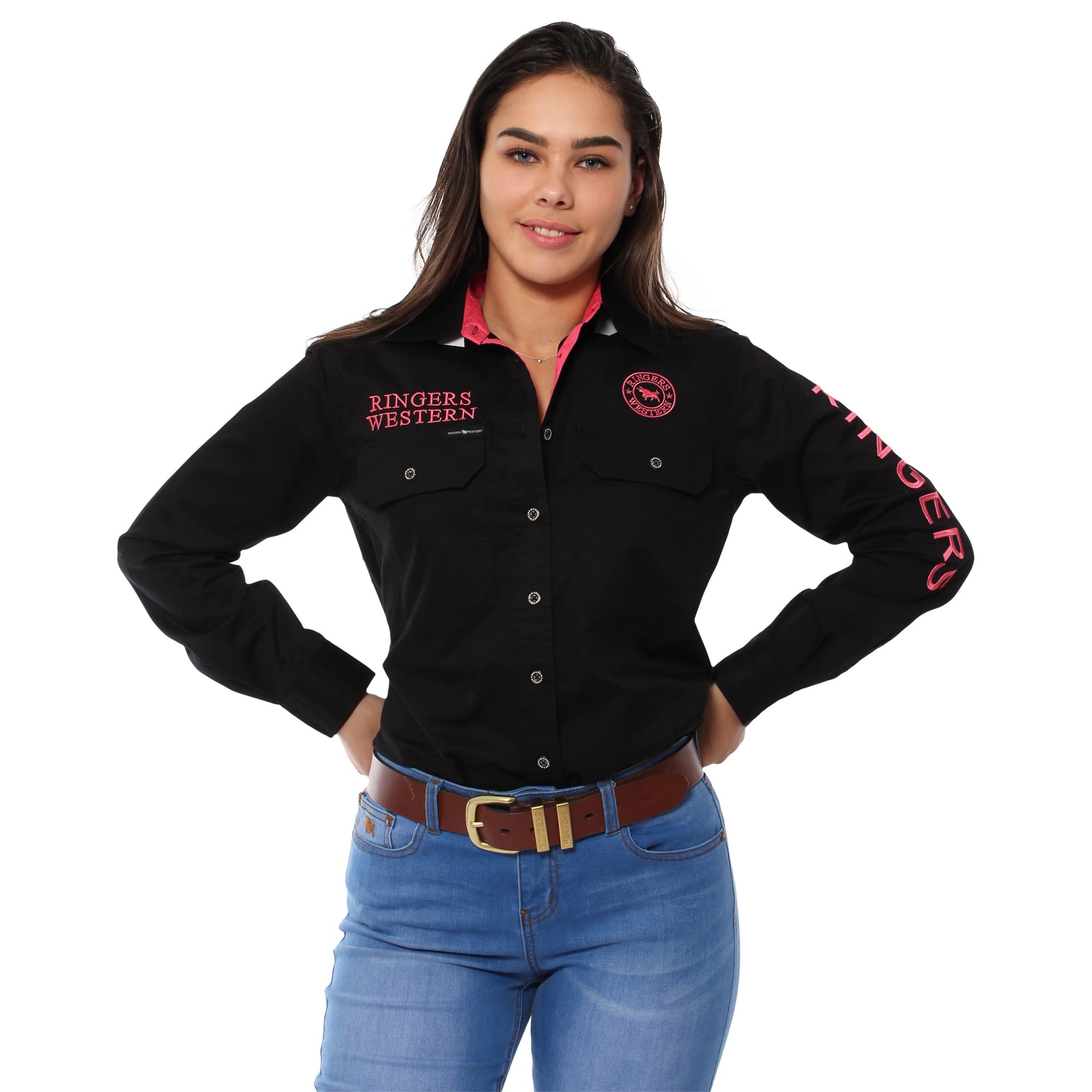 Signature Jillaroo Womens Full Button Work Shirt - Black/Melon - Ringers Western Toowoomba