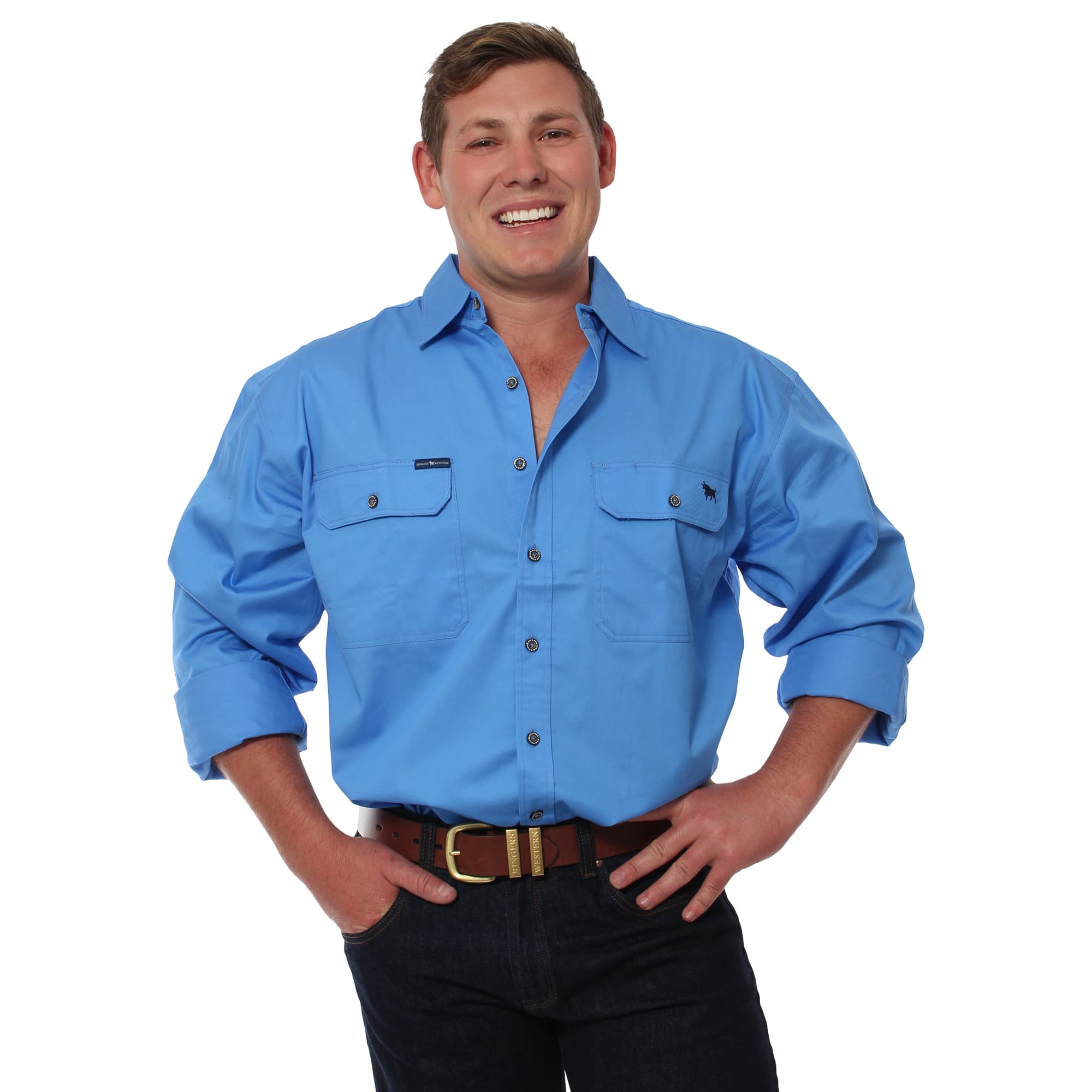 King River Mens Full Button Work Shirt- Blue - Ringers Western Toowoomba