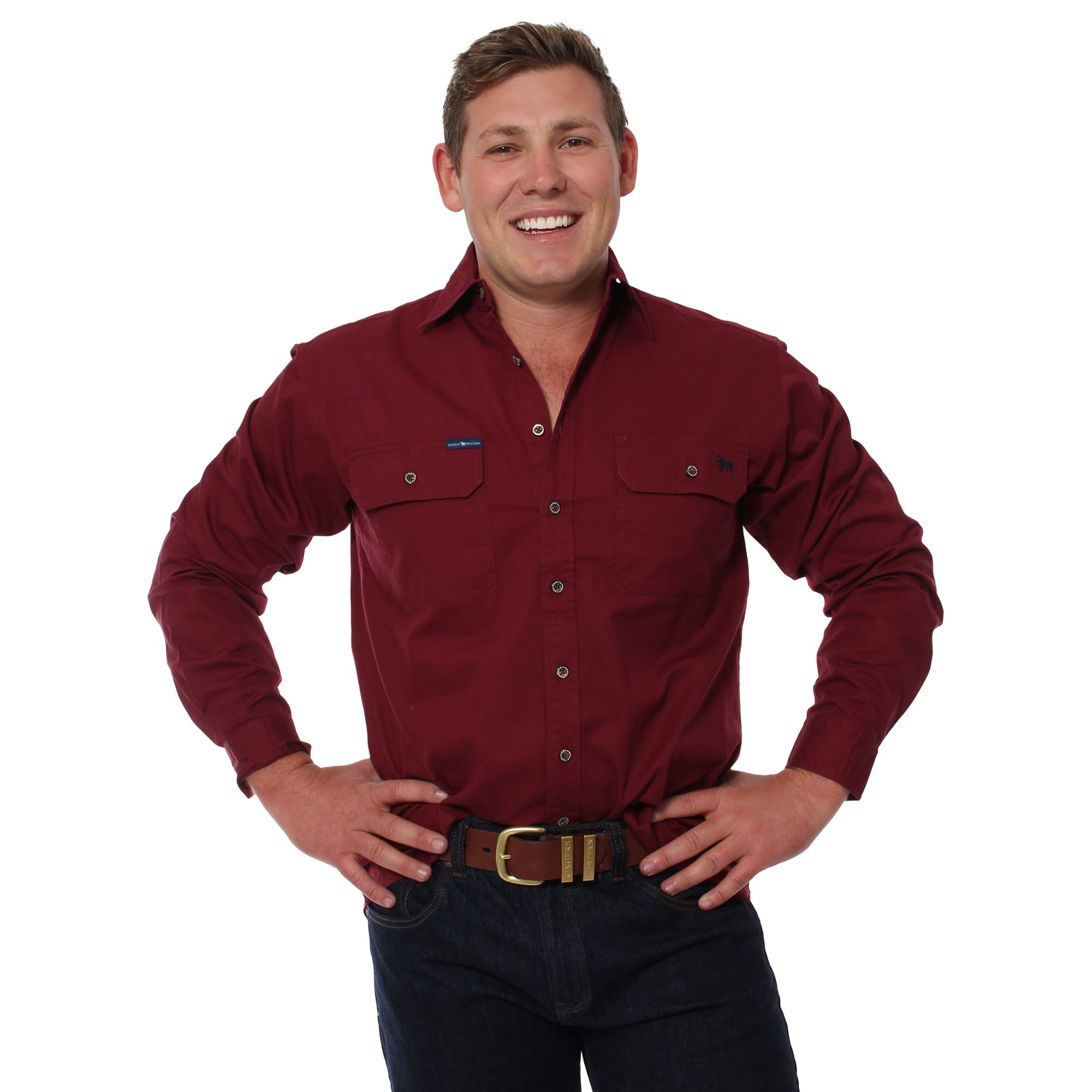 King River Mens Full Button Work Shirt - Burgundy - Ringers Western Toowoomba