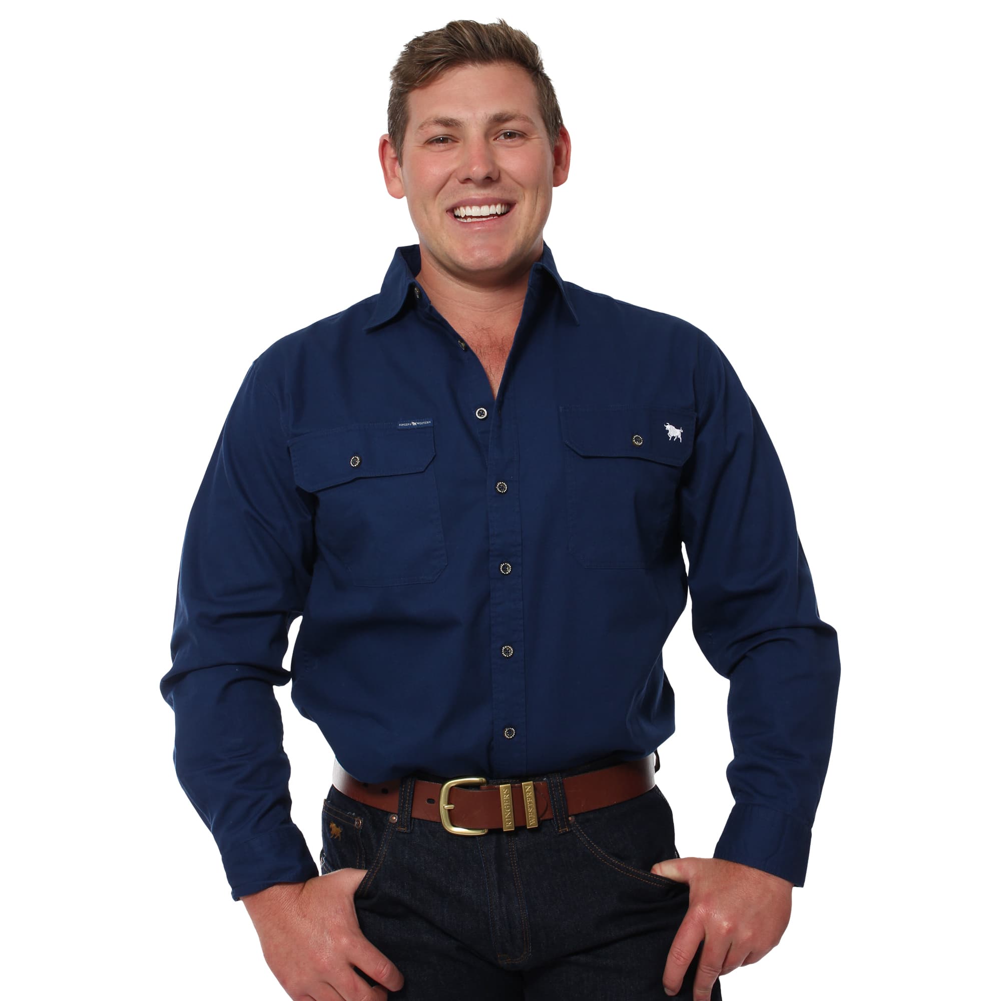 King River Mens Full Button Work Shirt - Navy