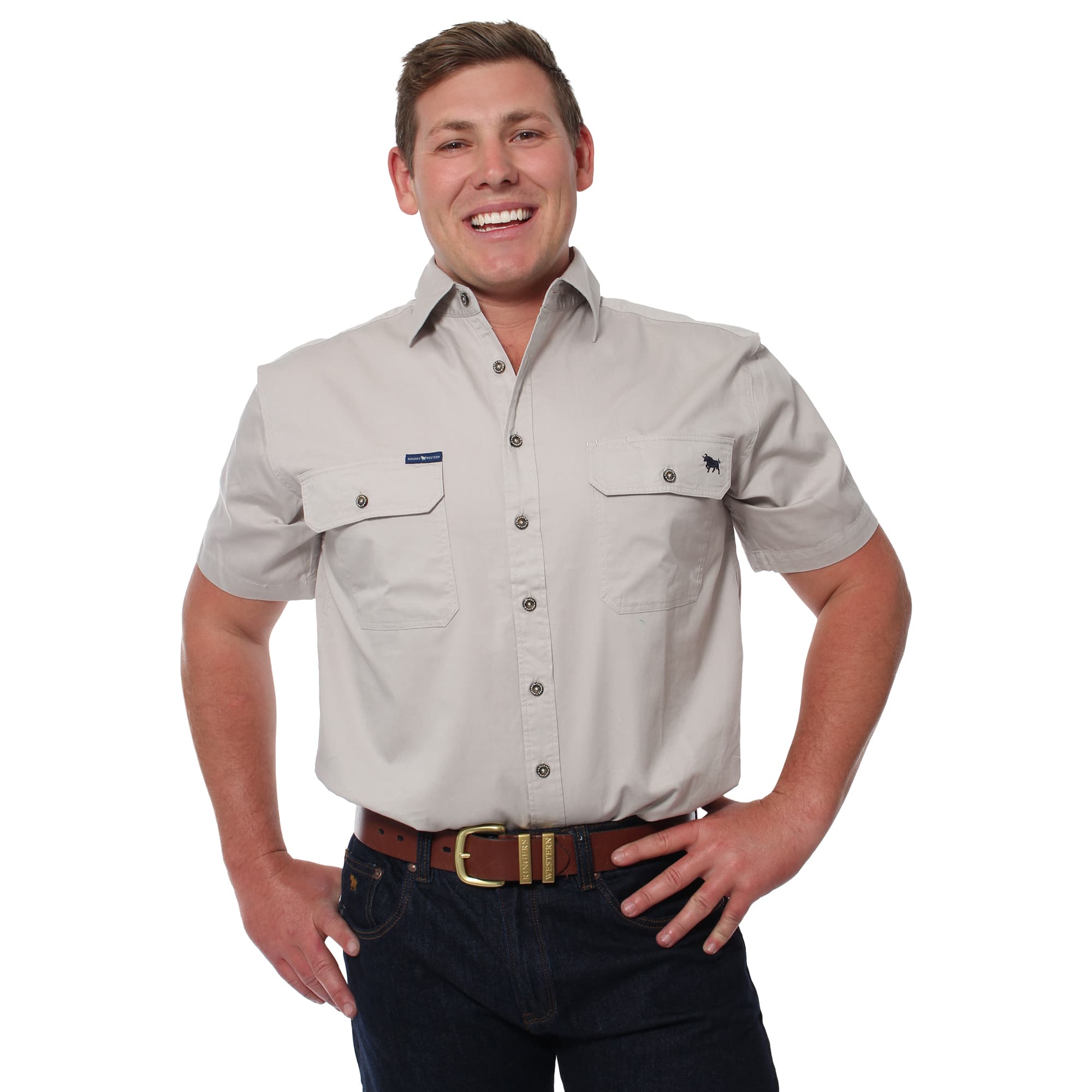 Lake Argyle Mens Short Sleeve Full Button Work Shirt - Beige