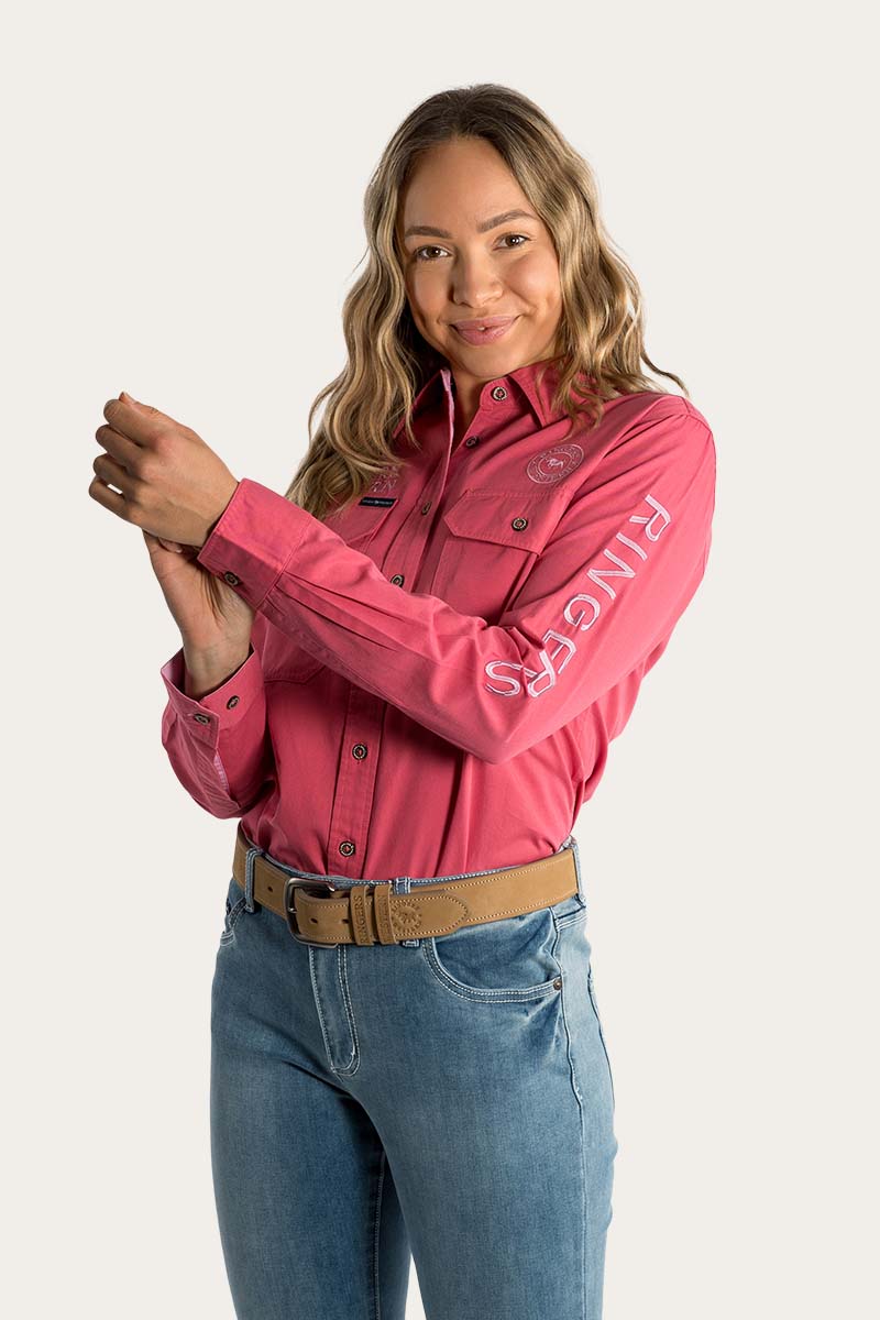 Signature Jillaroo Womens Full Button Work Shirt - Camelia Rose With Ballet Pink Embroidery