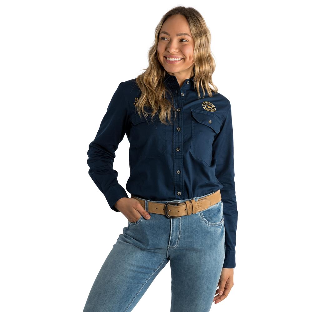 Signature Jillaroo Womens Full Button Work Shirt - Dark Navy With Amber Gold Embroidery
