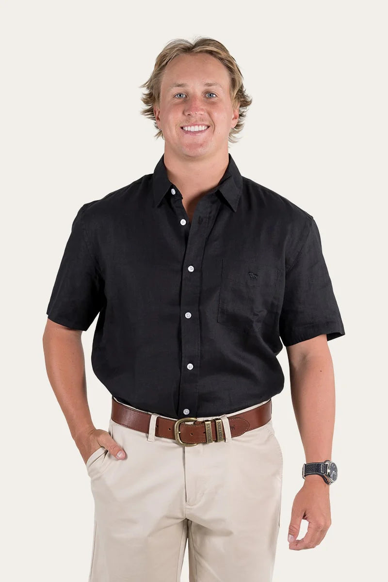 Dawson Mens Relaxed Short Sleeve Linen Dress Shirt - Black