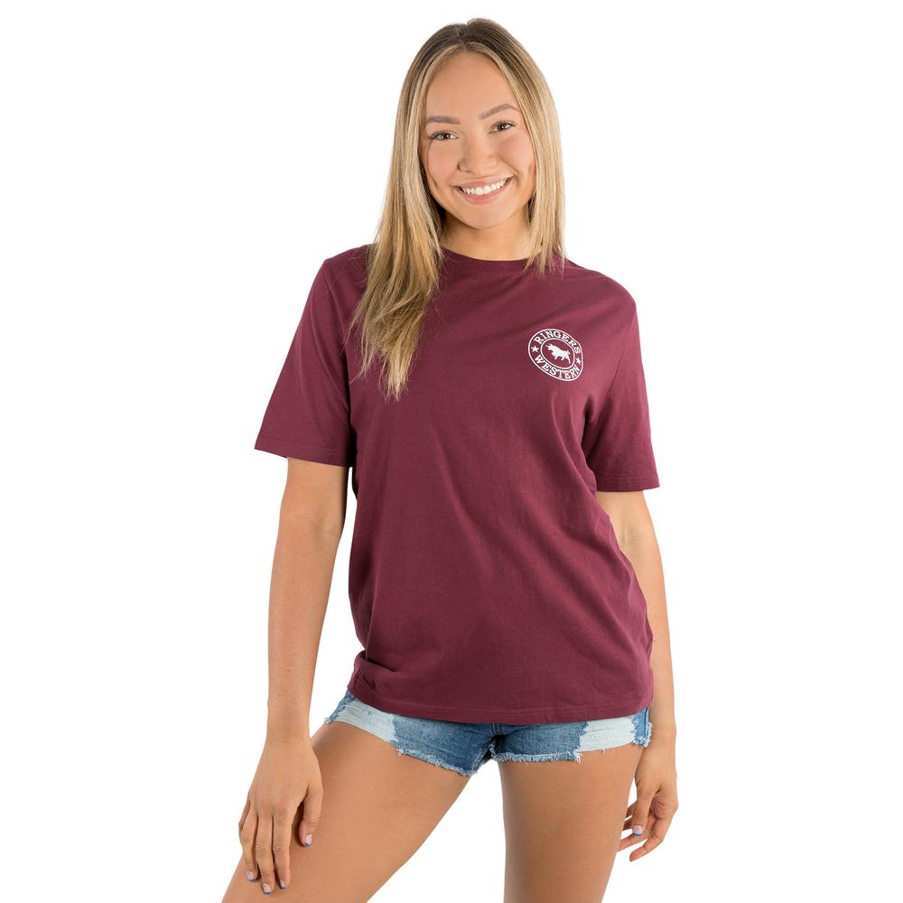 Signature Bull Womens Loose Fit T-Shirt- Burgundy/White