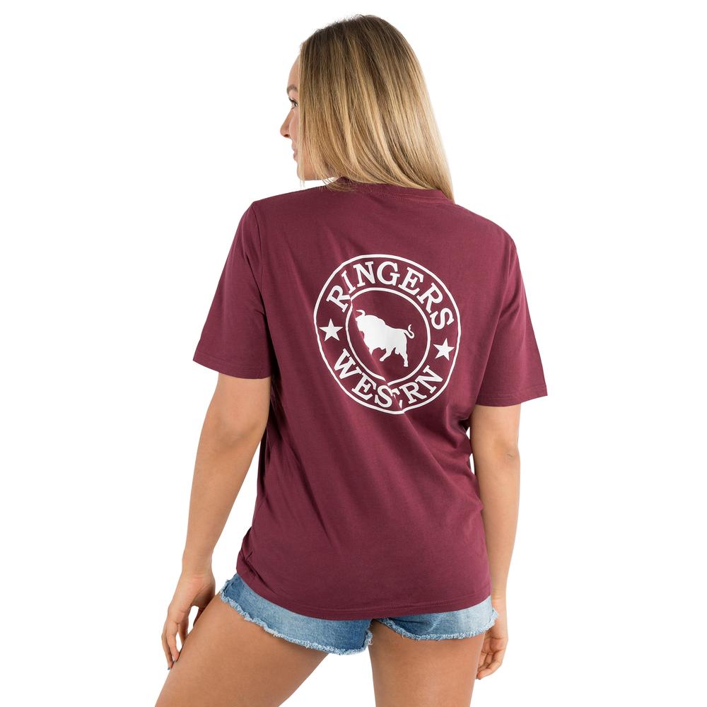 Signature Bull Womens Loose Fit T-Shirt- Burgundy/White