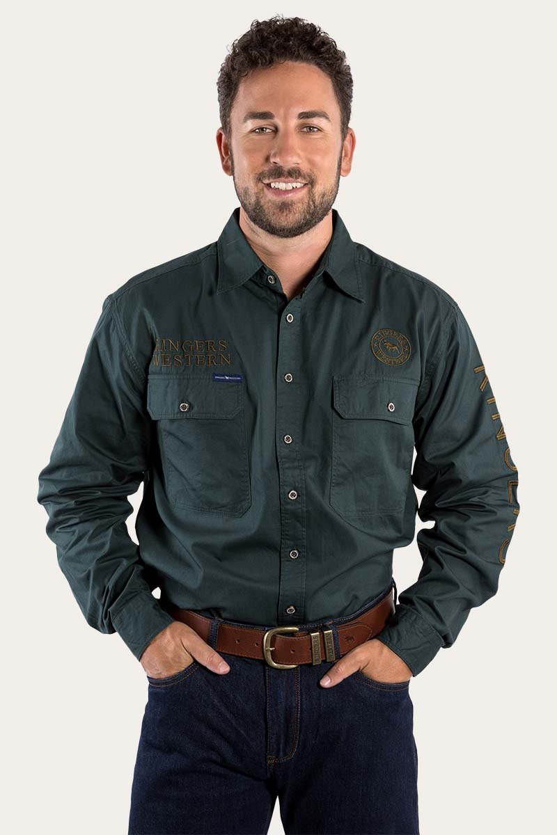 Hawkeye Mens Full Button Work Shirt - Forest Green With Plantation