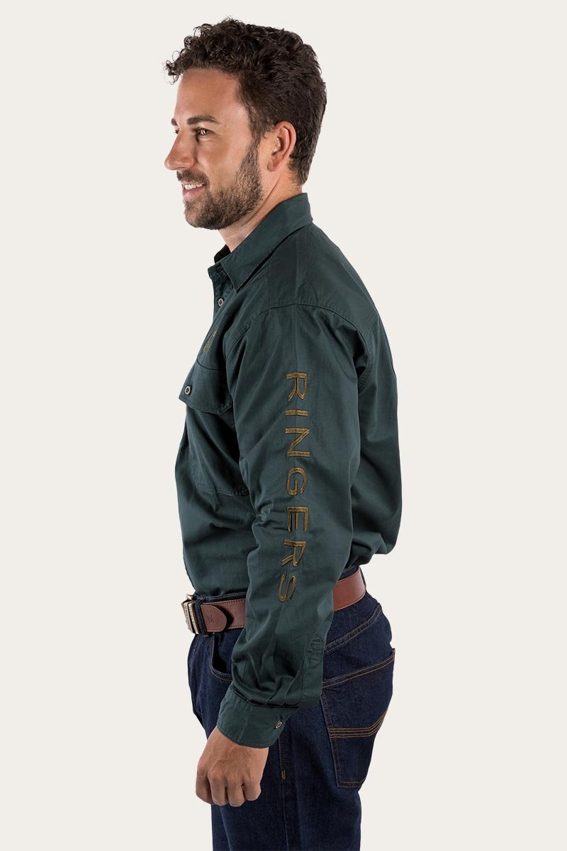 Hawkeye Mens Full Button Work Shirt - Forest Green With Plantation