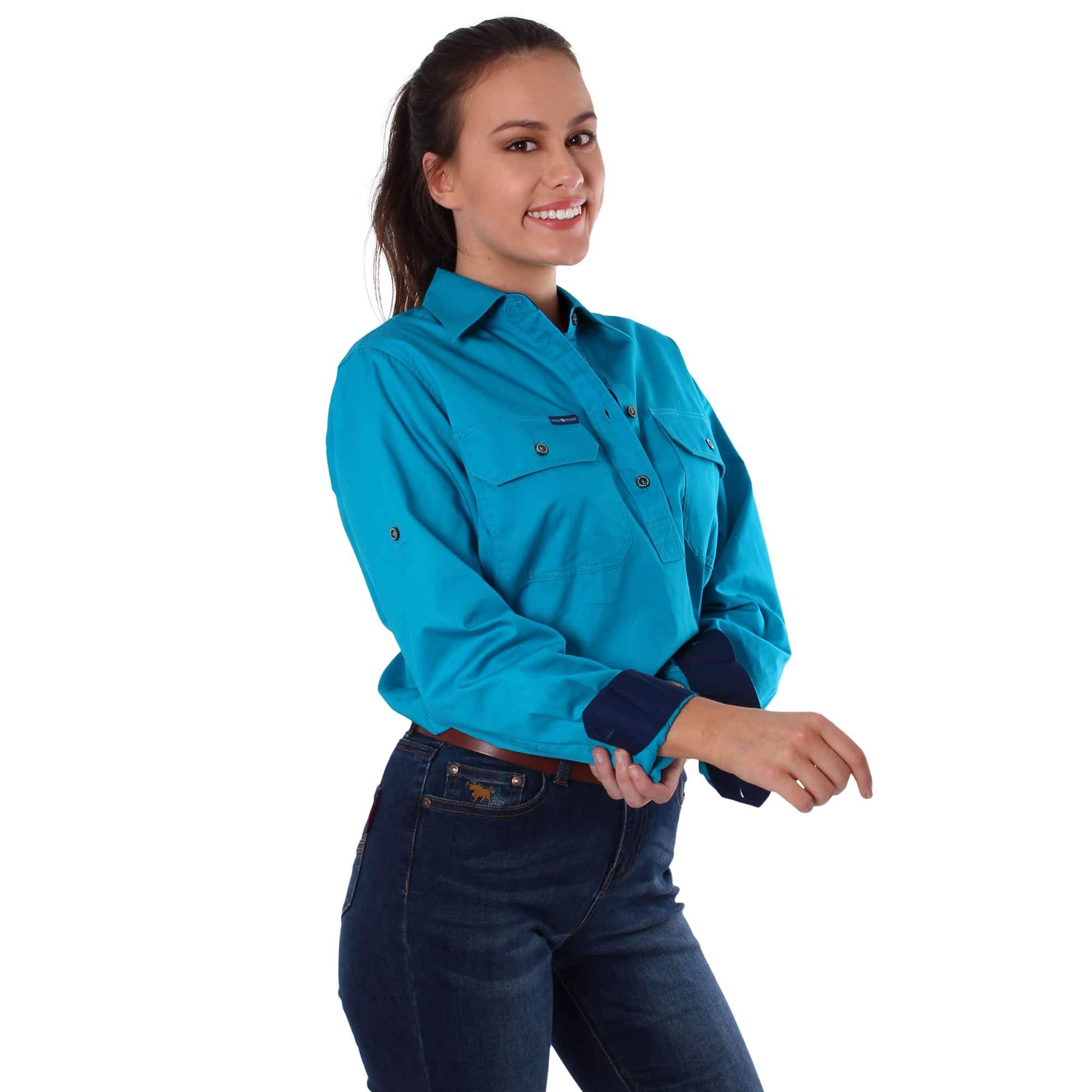 Pentecost River Womens Half Button Work Shirt- Turquoise - Ringers Western Toowoomba