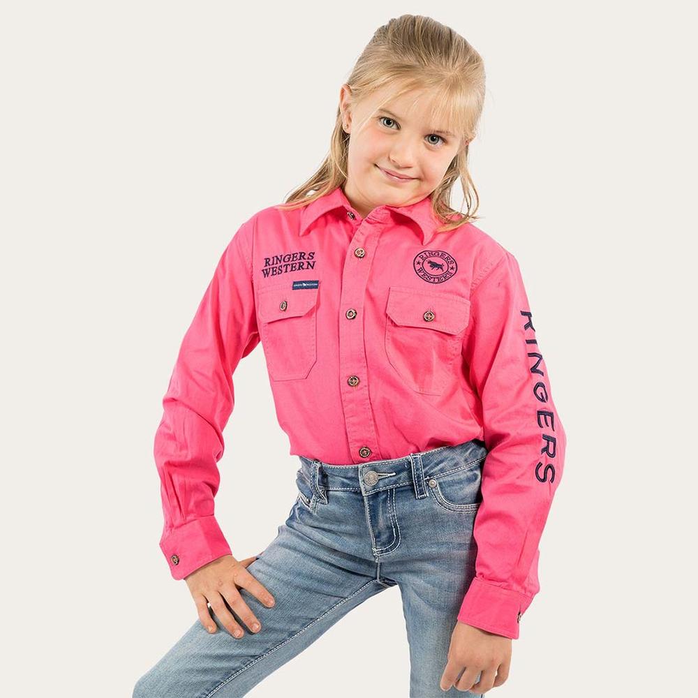 Jackaroo Kids L/S Full Button Embroidered Work Shirt - Melon With Navy Embroidery