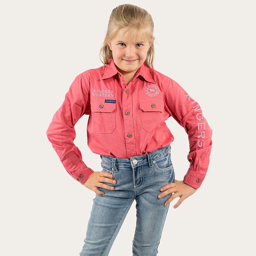 Jackaroo Kids L/S Full Button Embroidered Work Shirt - Camelia Rose With Ballet Pink Embroidery