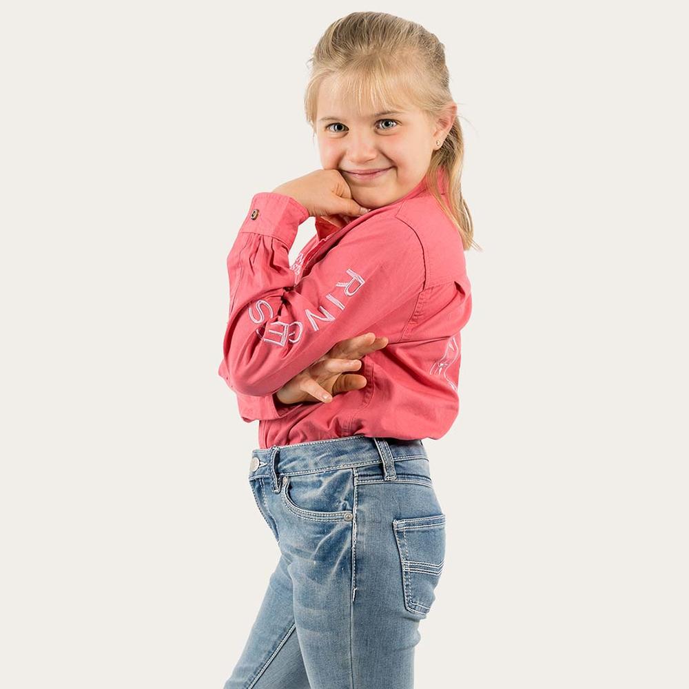 Jackaroo Kids L/S Full Button Embroidered Work Shirt - Camelia Rose With Ballet Pink Embroidery