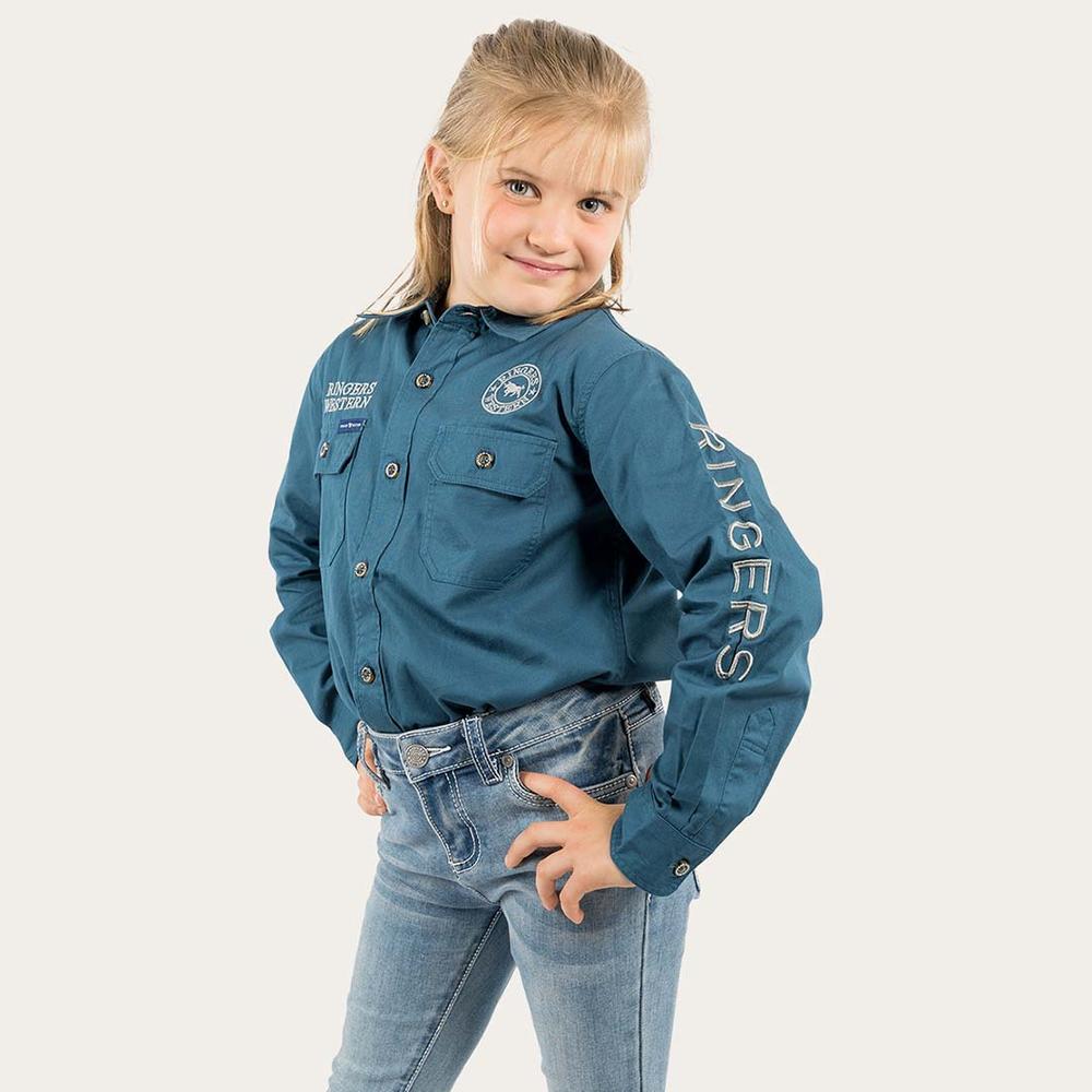 Jackaroo Kids L/S Full Button Embroidered Work Shirt - Petrol Blue With Ultimate Grey Embroidery