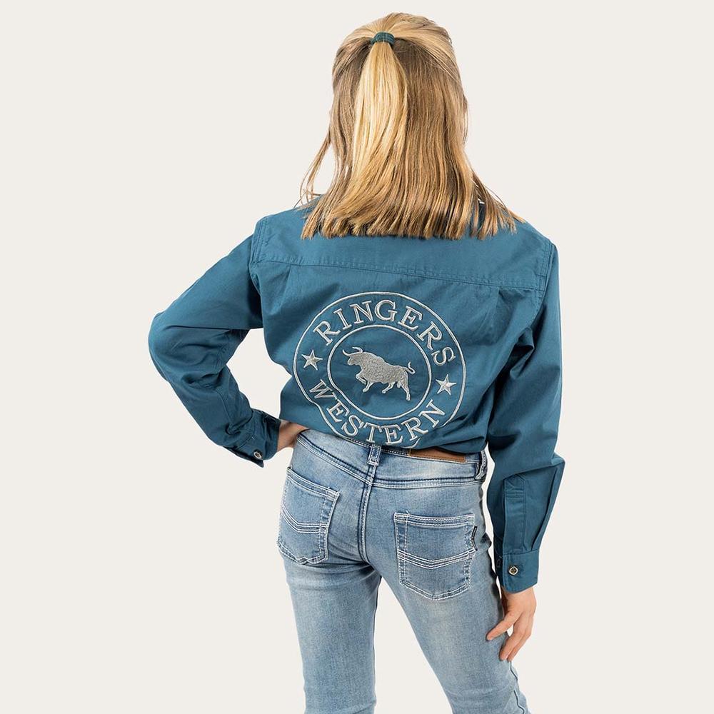 Jackaroo Kids L/S Full Button Embroidered Work Shirt - Petrol Blue With Ultimate Grey Embroidery