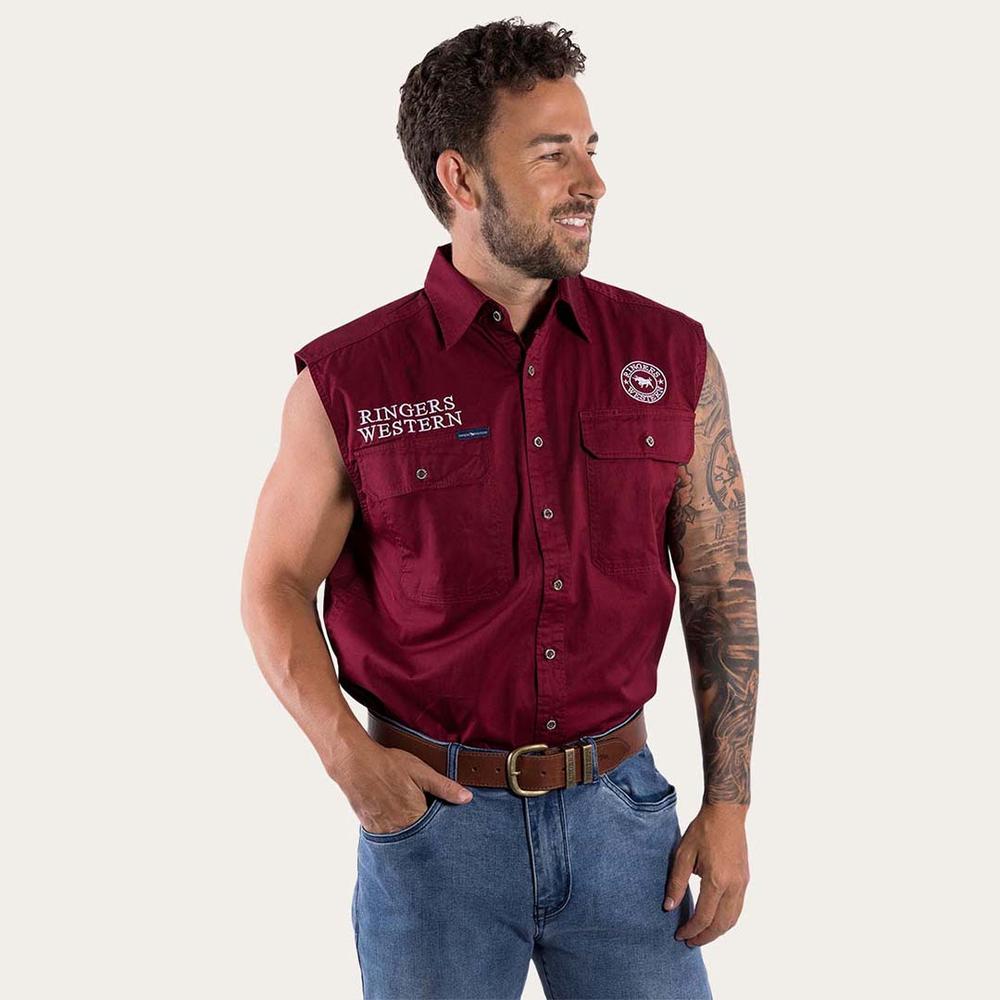 Hawkeye Mens Sleeveless Work Shirt- Burgundy With White Embroidery - Ringers Western Toowoomba