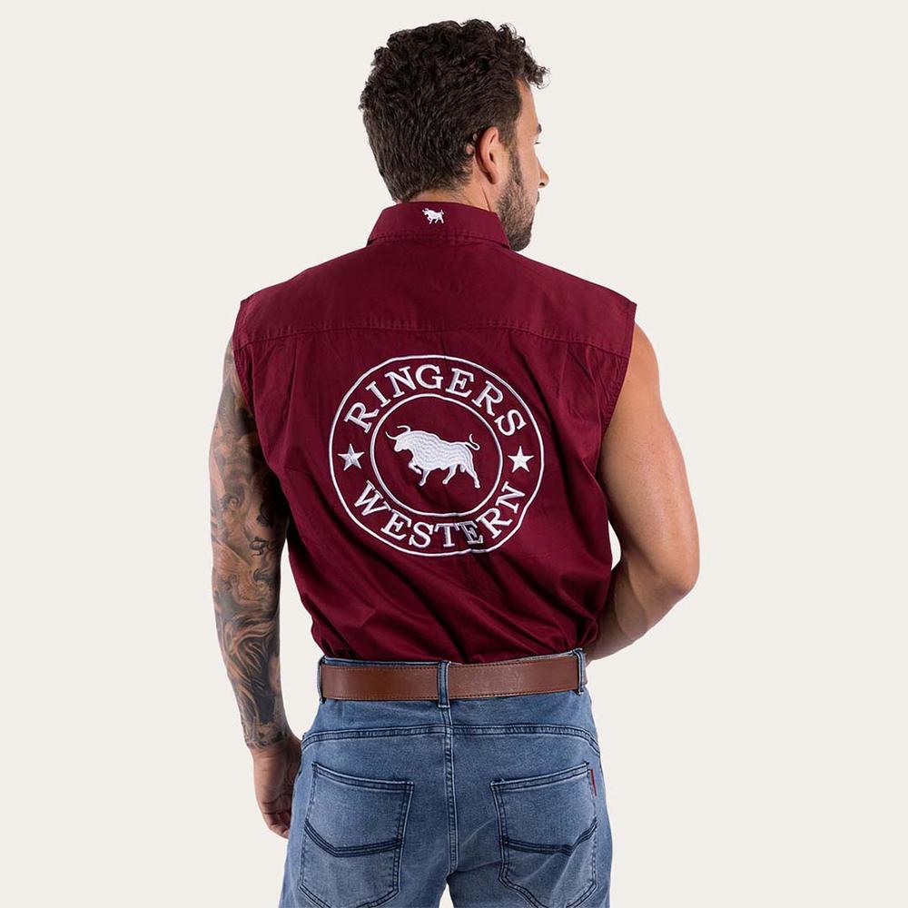 Hawkeye Mens Sleeveless Work Shirt- Burgundy With White Embroidery - Ringers Western Toowoomba