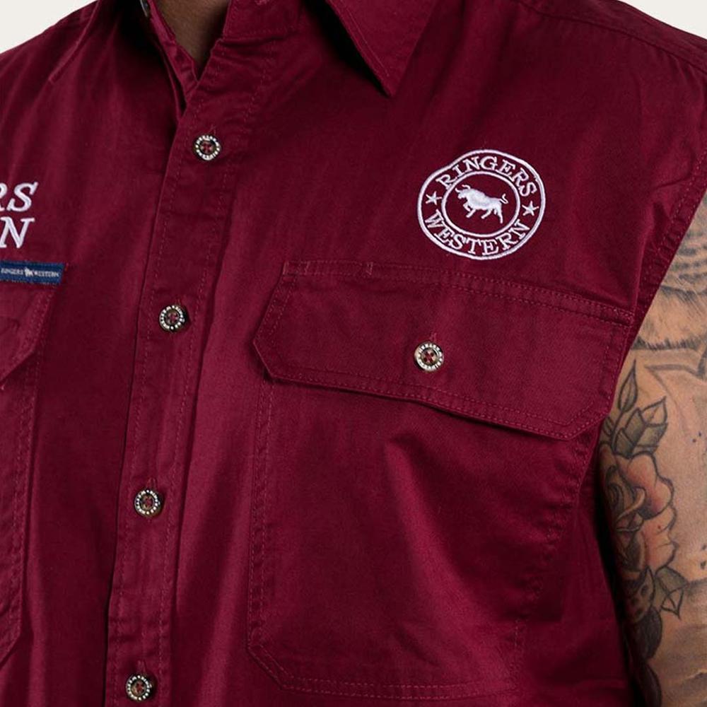 Hawkeye Mens Sleeveless Work Shirt- Burgundy With White Embroidery - Ringers Western Toowoomba