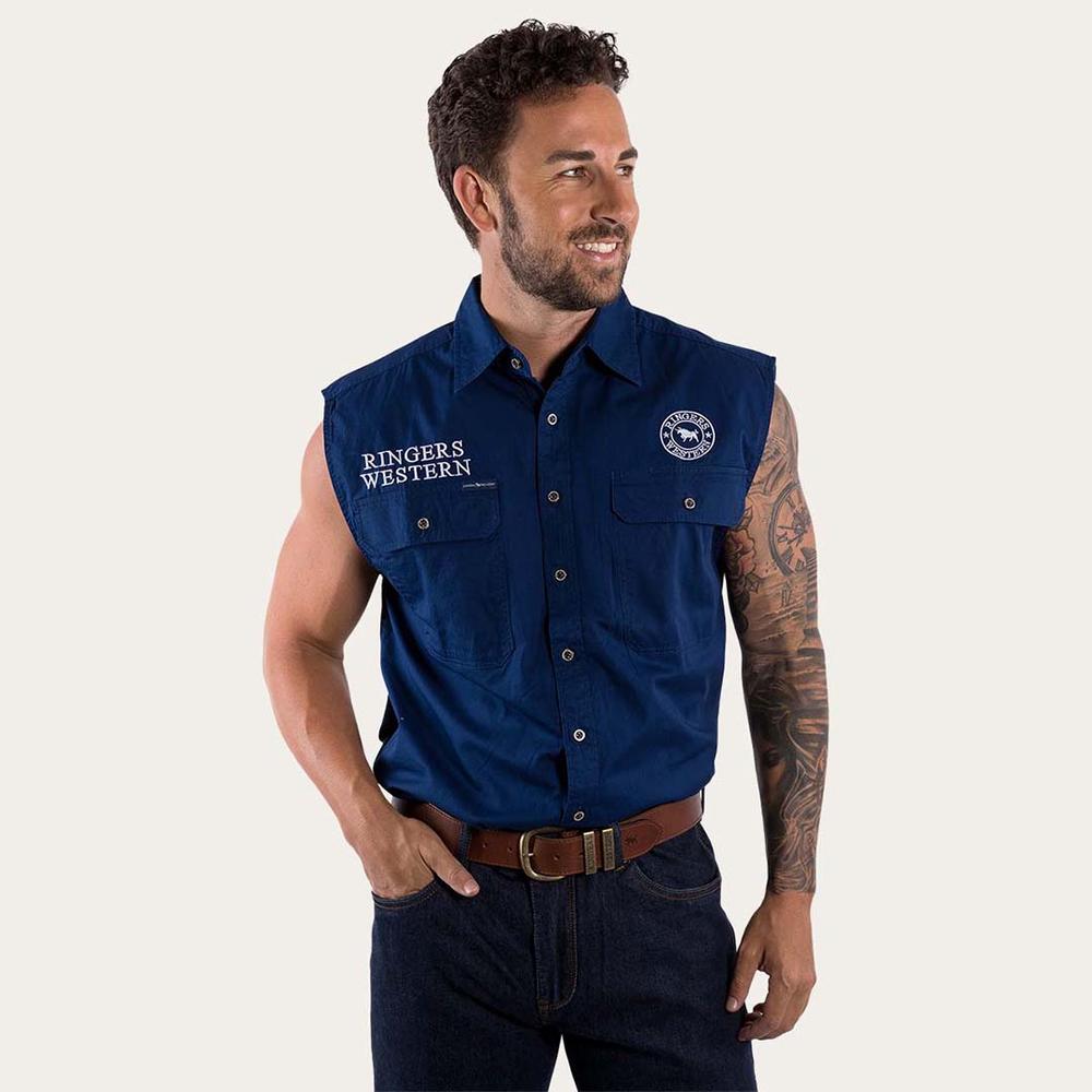 Hawkeye Mens Sleeveless Work Shirt - Navy With White Embroidery