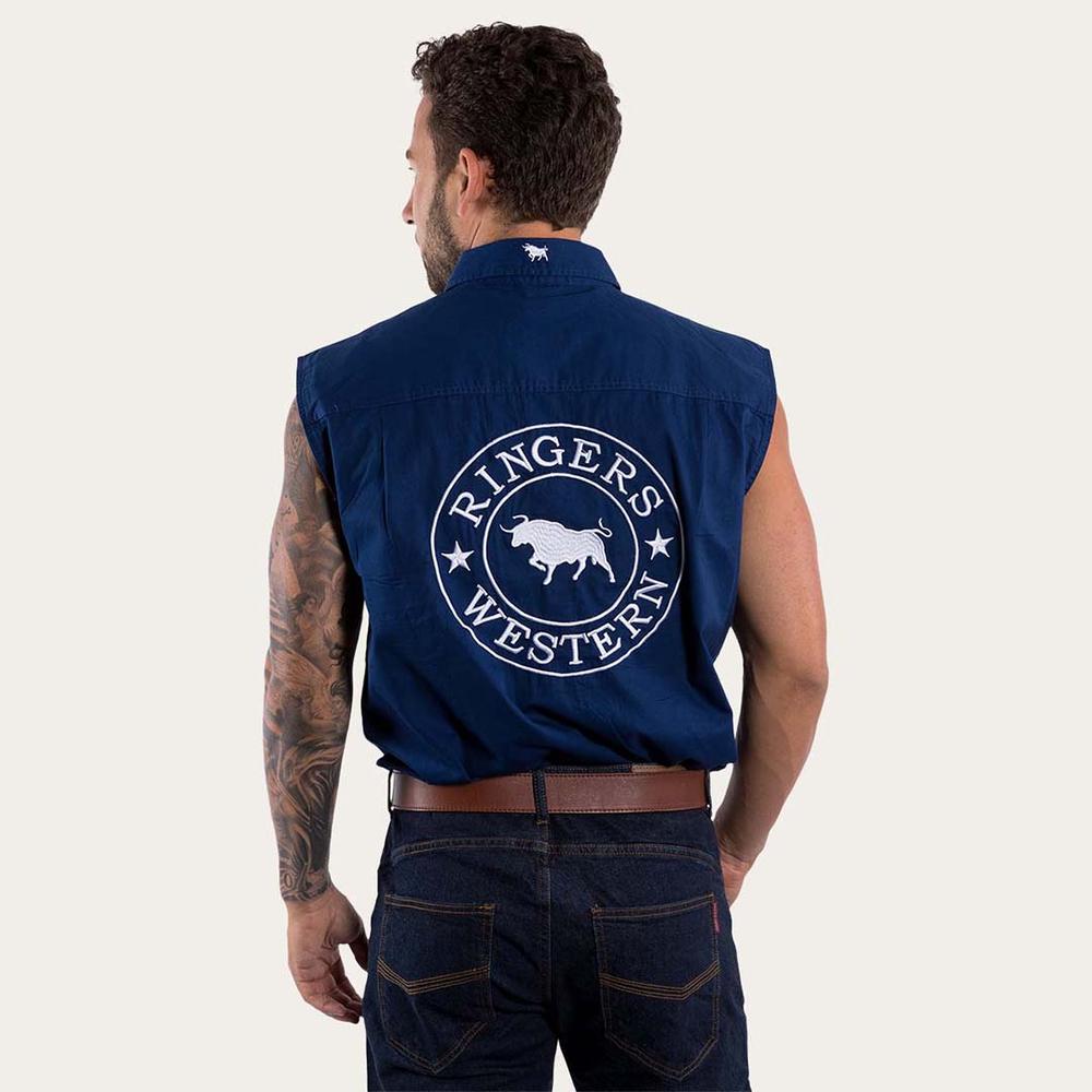 Hawkeye Mens Sleeveless Work Shirt - Navy With White Embroidery