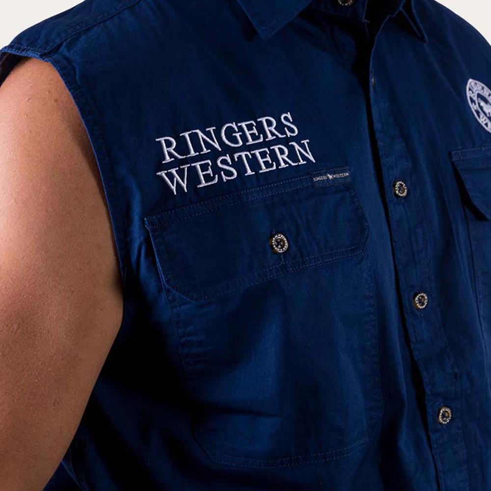 Hawkeye Mens Sleeveless Work Shirt - Navy With White Embroidery