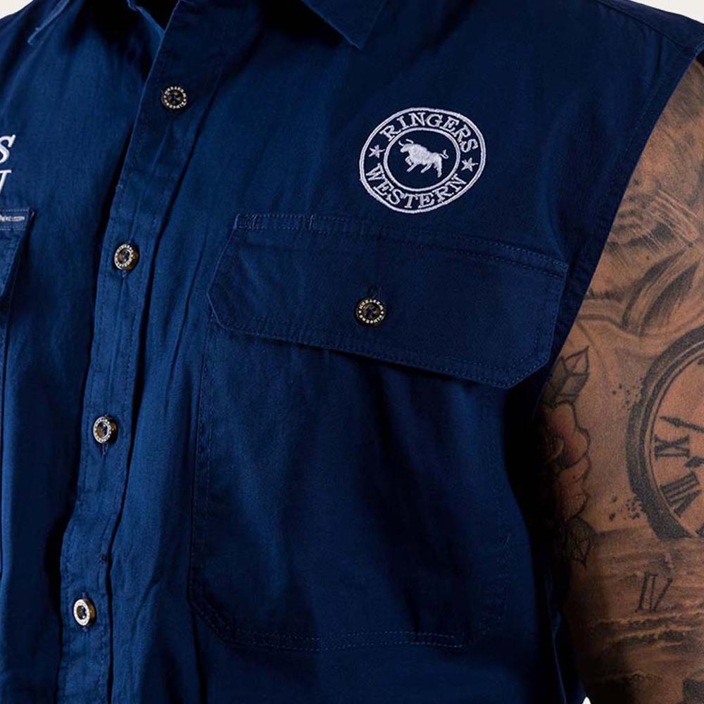 Hawkeye Mens Sleeveless Work Shirt - Navy With White Embroidery