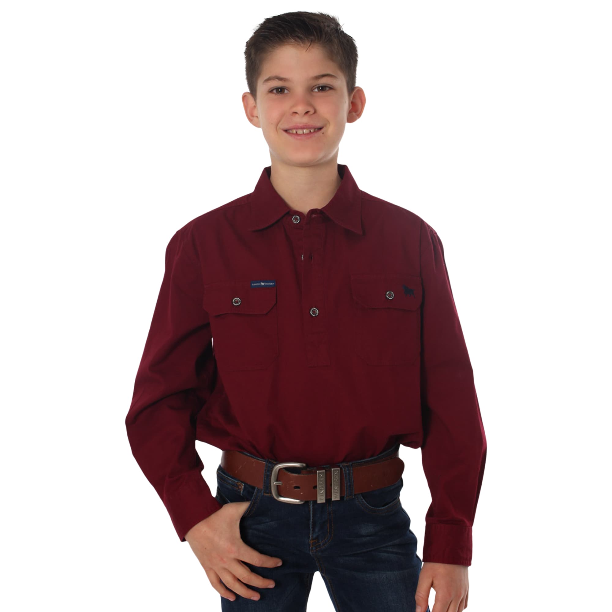 Ord River Kids Half Button Work Shirt - Burgundy