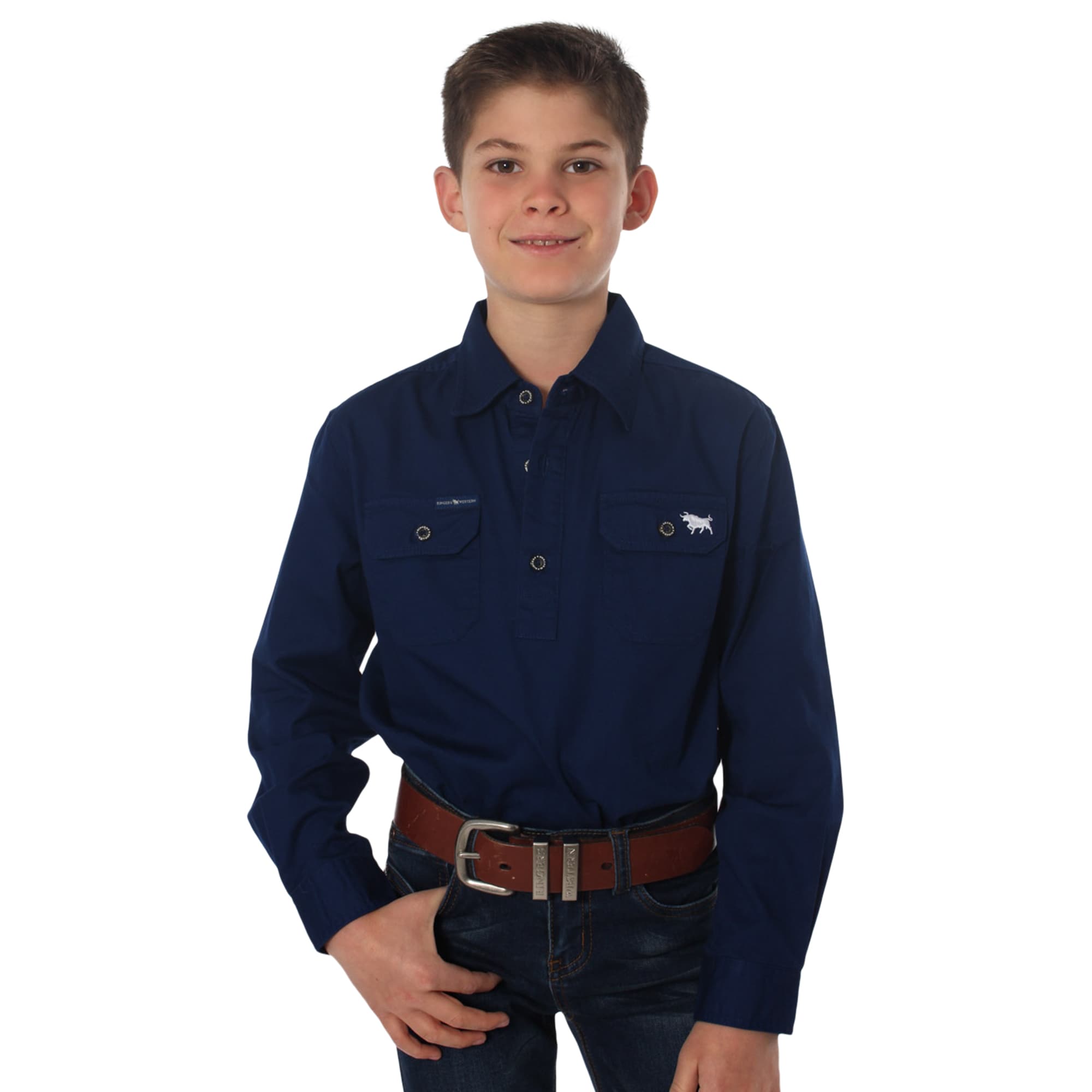 Ord River Kids Half Button Work Shirt - Navy - Ringers Western Toowoomba