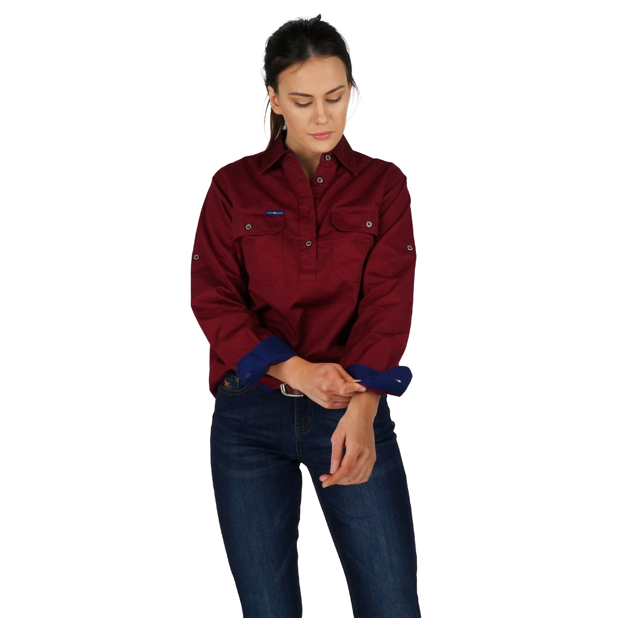 Pentecost River Womens Half Button Work Shirt- Burgundy