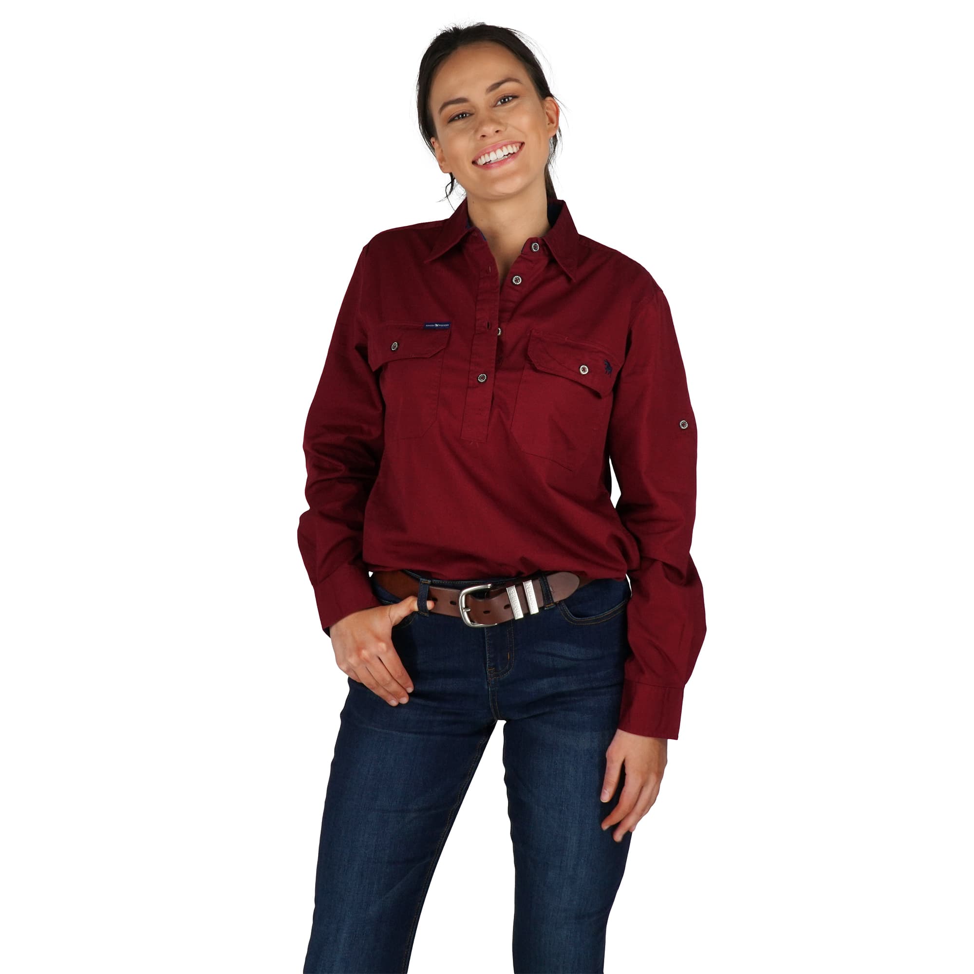 Pentecost River Womens Half Button Work Shirt- Burgundy