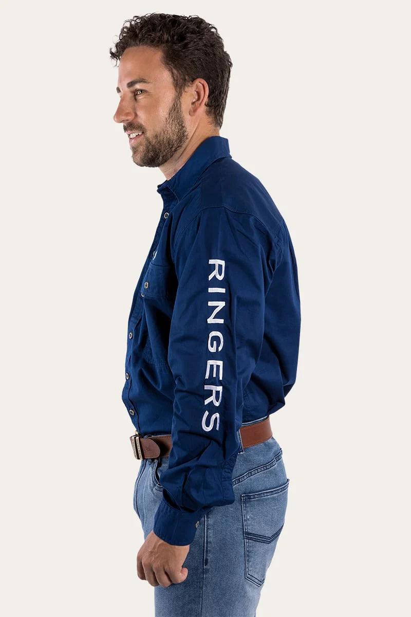 Hawkeye Mens Full Button Work Shirt  - Navy/White