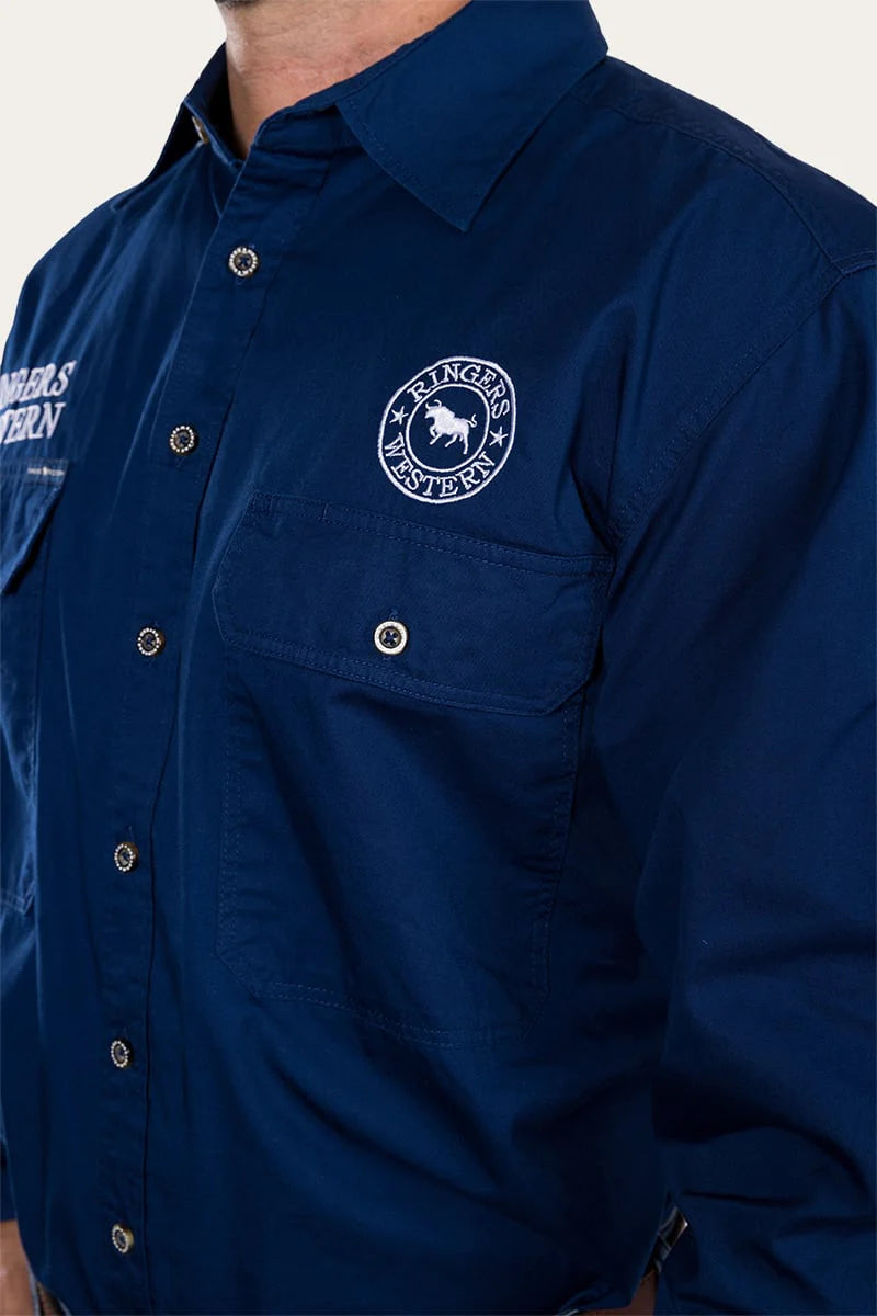 Hawkeye Mens Full Button Work Shirt  - Navy/White