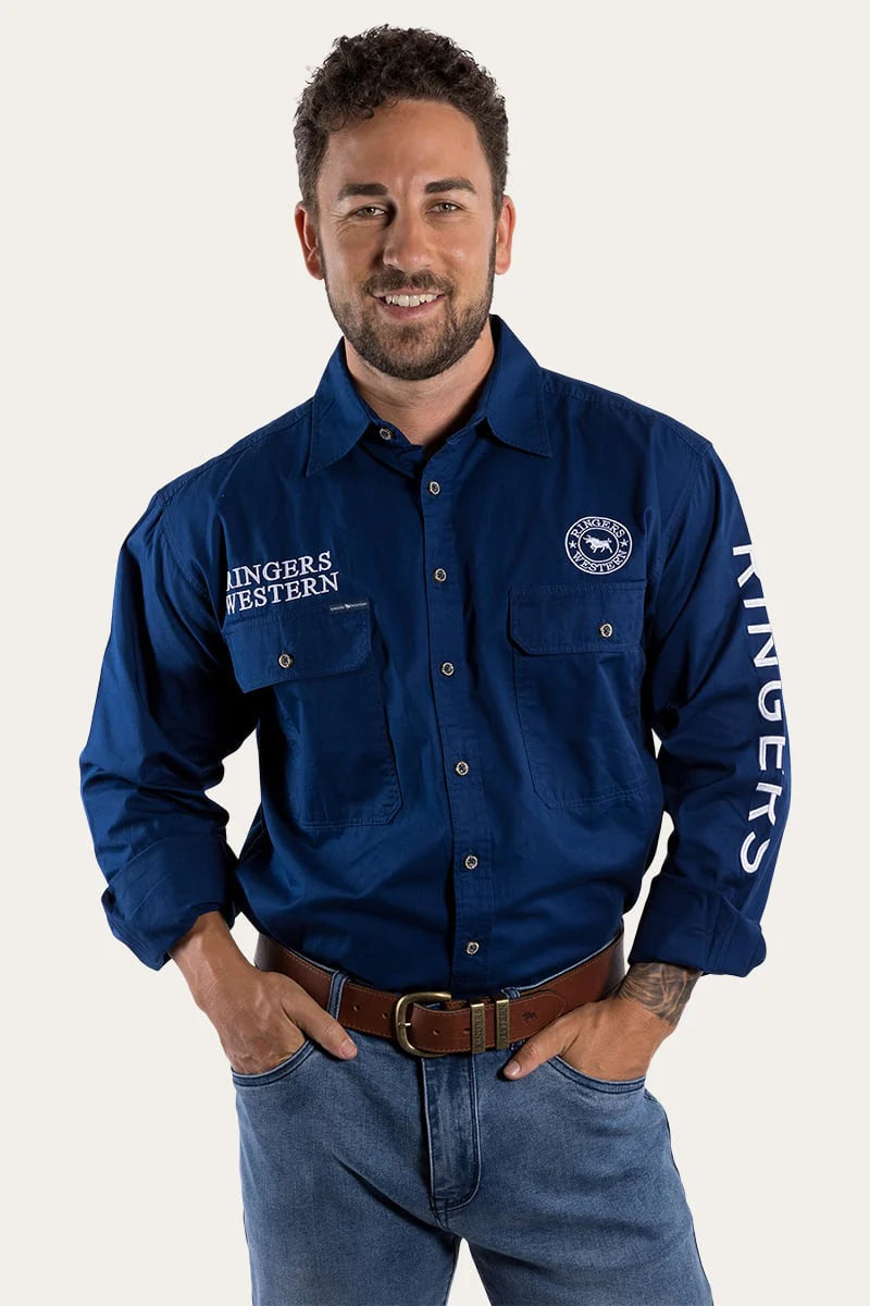 Hawkeye Mens Full Button Work Shirt  - Navy/White