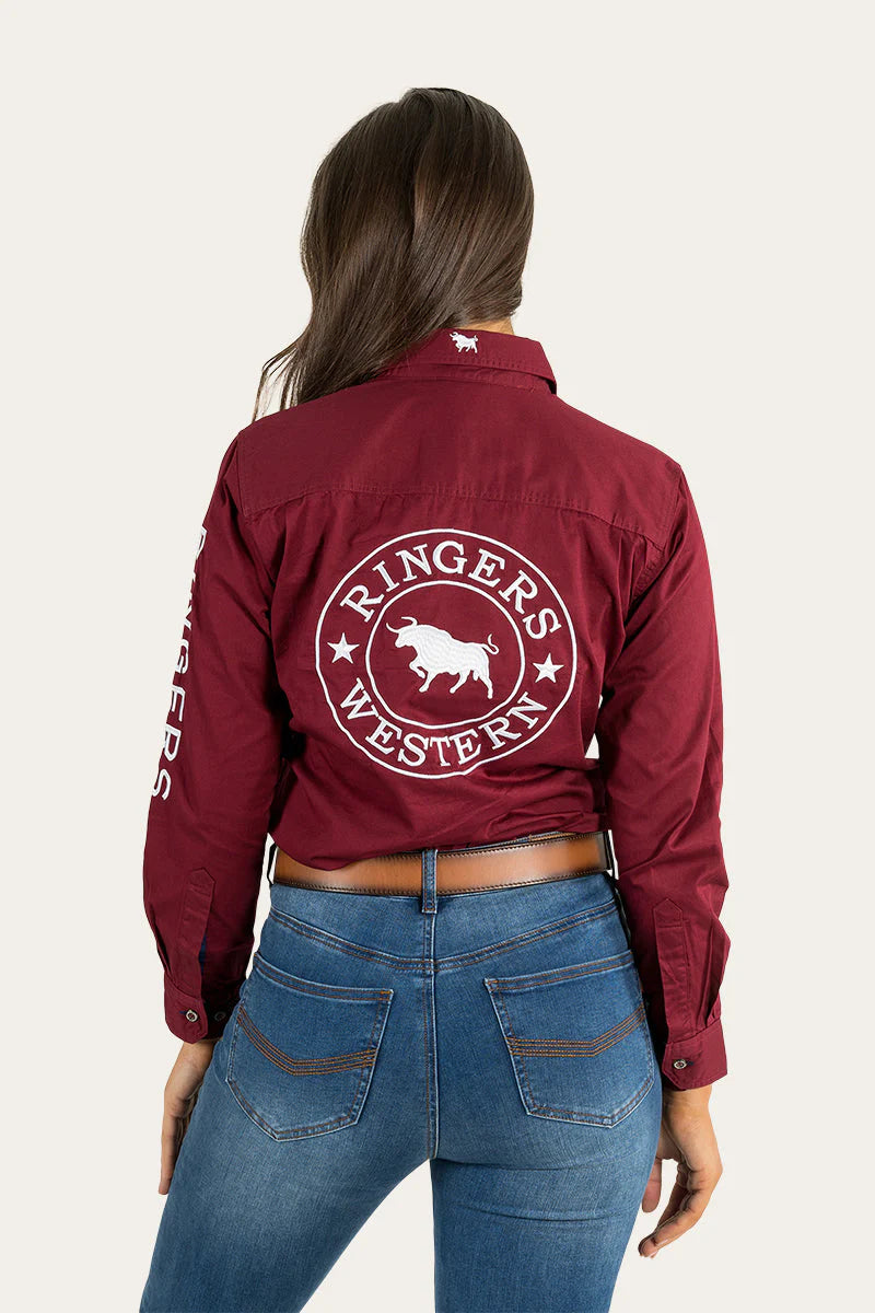 Signature Jillaroo Womens Full Button Work Shirt- Burgundy/White