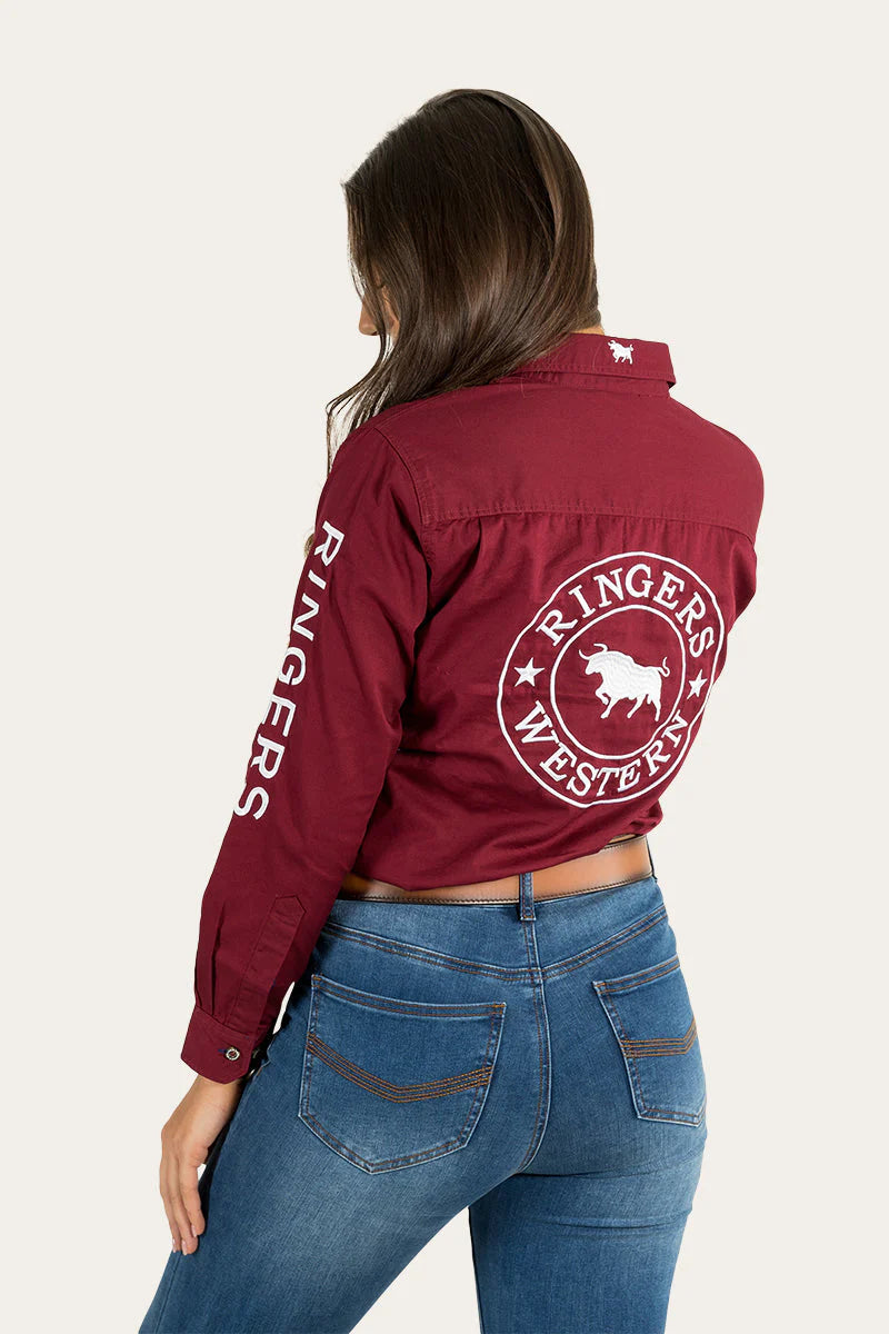 Signature Jillaroo Womens Full Button Work Shirt- Burgundy/White