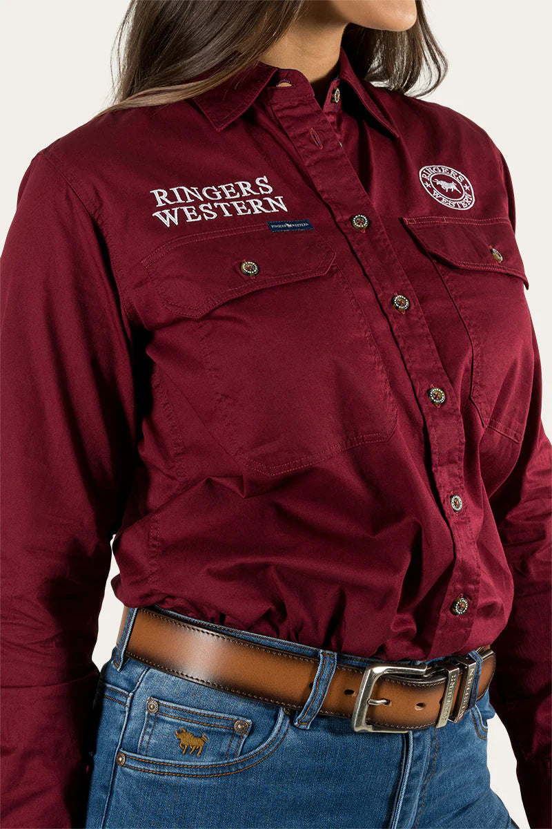 Signature Jillaroo Womens Full Button Work Shirt- Burgundy/White