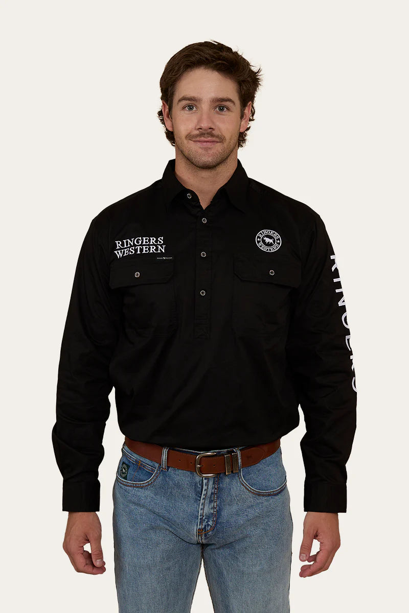 Hawkeye Mens Half Button Work Shirt  - Black