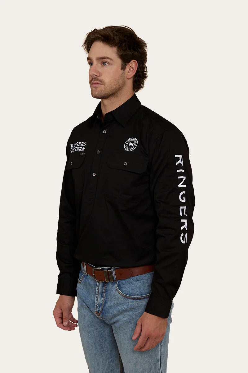 Hawkeye Mens Half Button Work Shirt  - Black