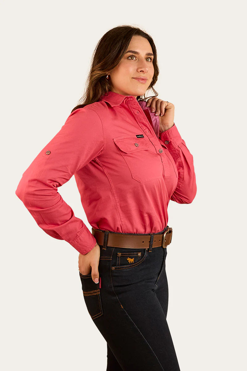 Pentecost River Womens Half Button Work Shirt - Camelia Rose/ Ballet Pink