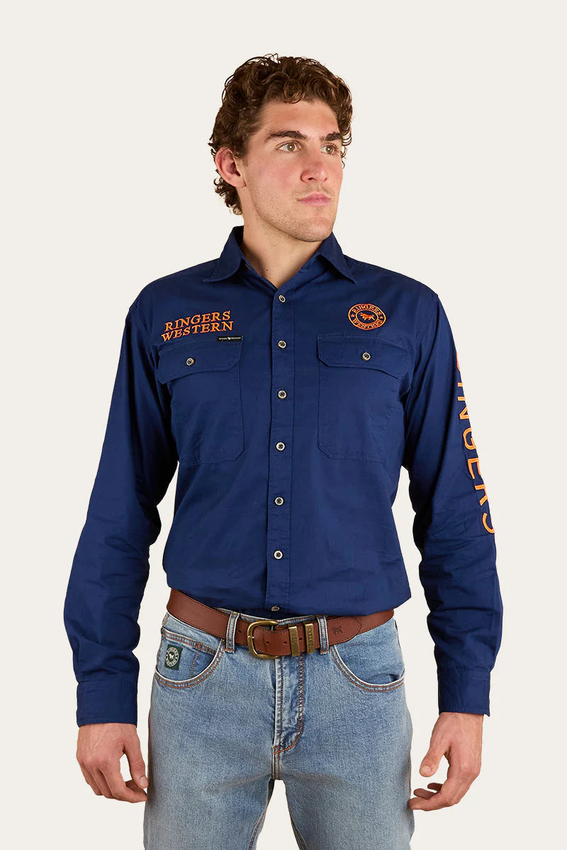 Hawkeye Mens Full Button Work Shirt  - Navy/Orange