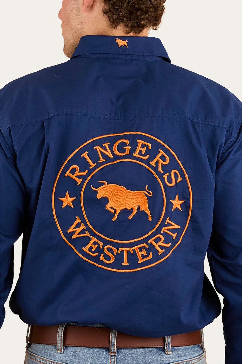 Hawkeye Mens Full Button Work Shirt  - Navy/Orange