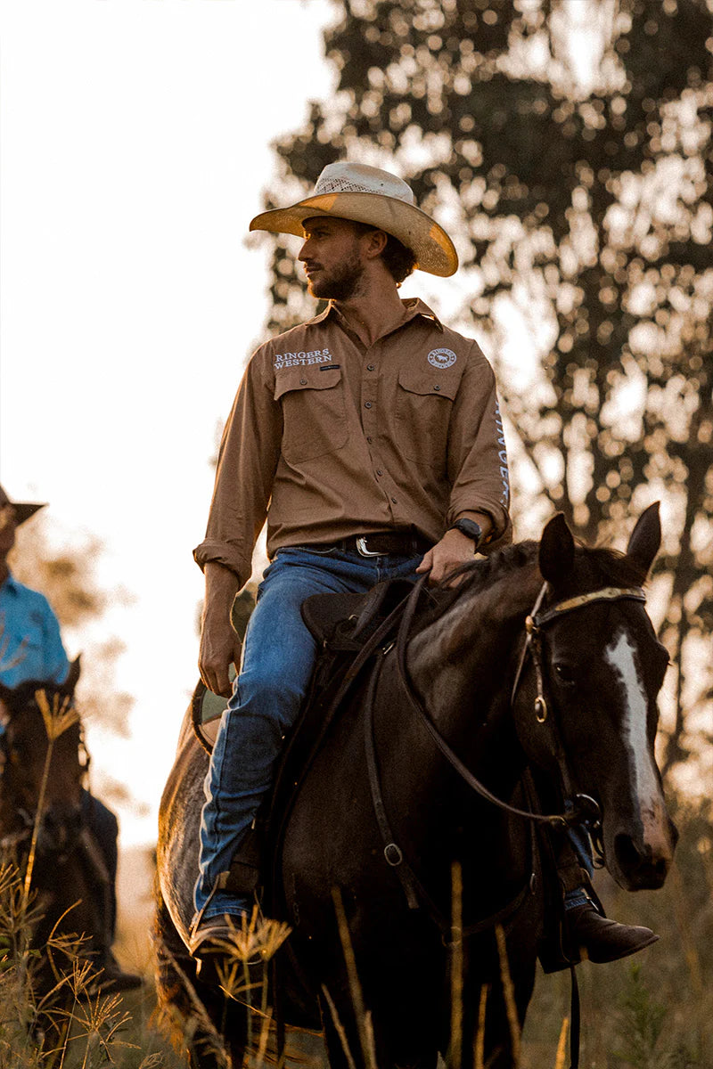 Hawkeye Mens Full Button Work Shirt  - Clay/White