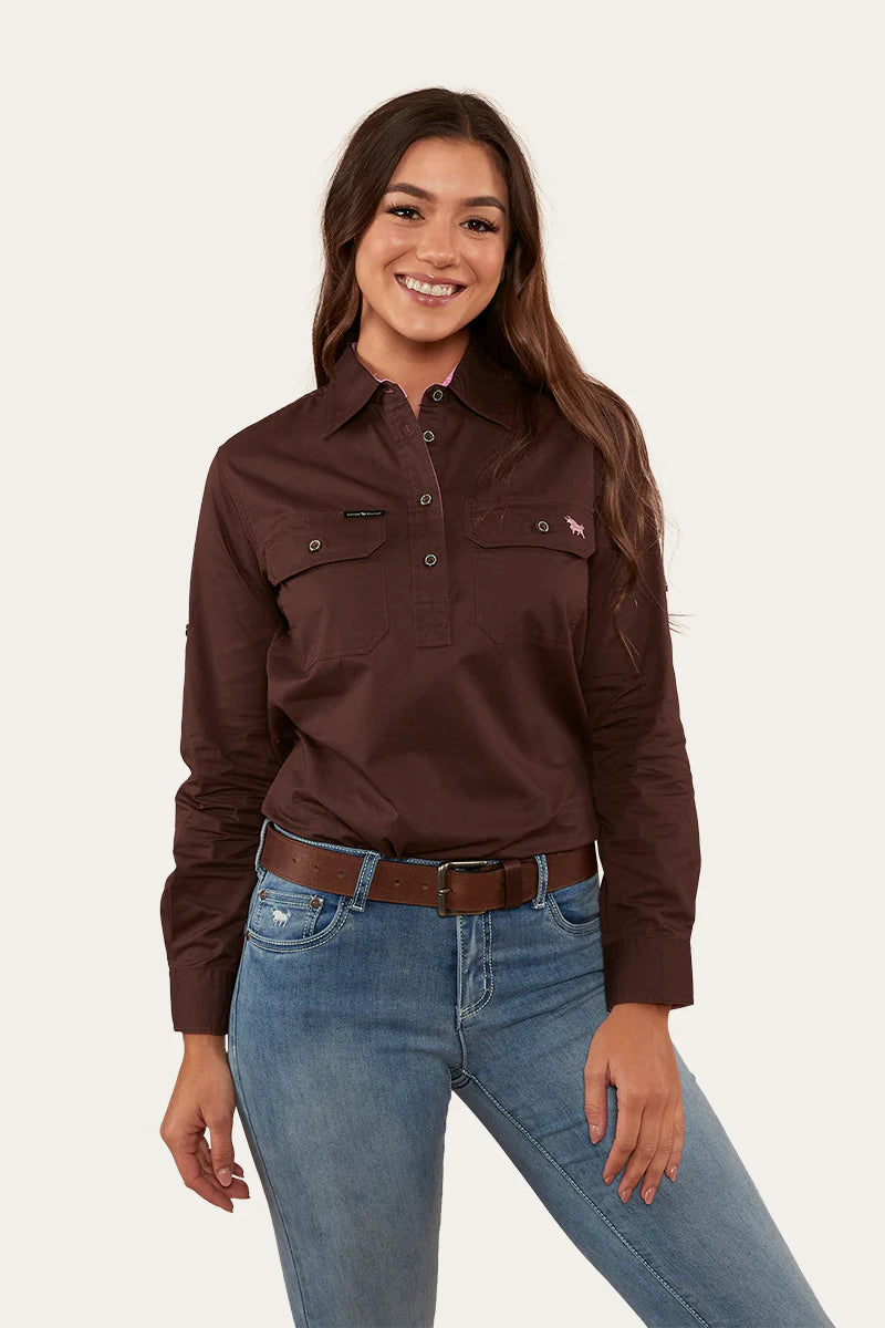 Pentecost River Womens Half Button Work Shirt - Chocolate/Pastel Pink