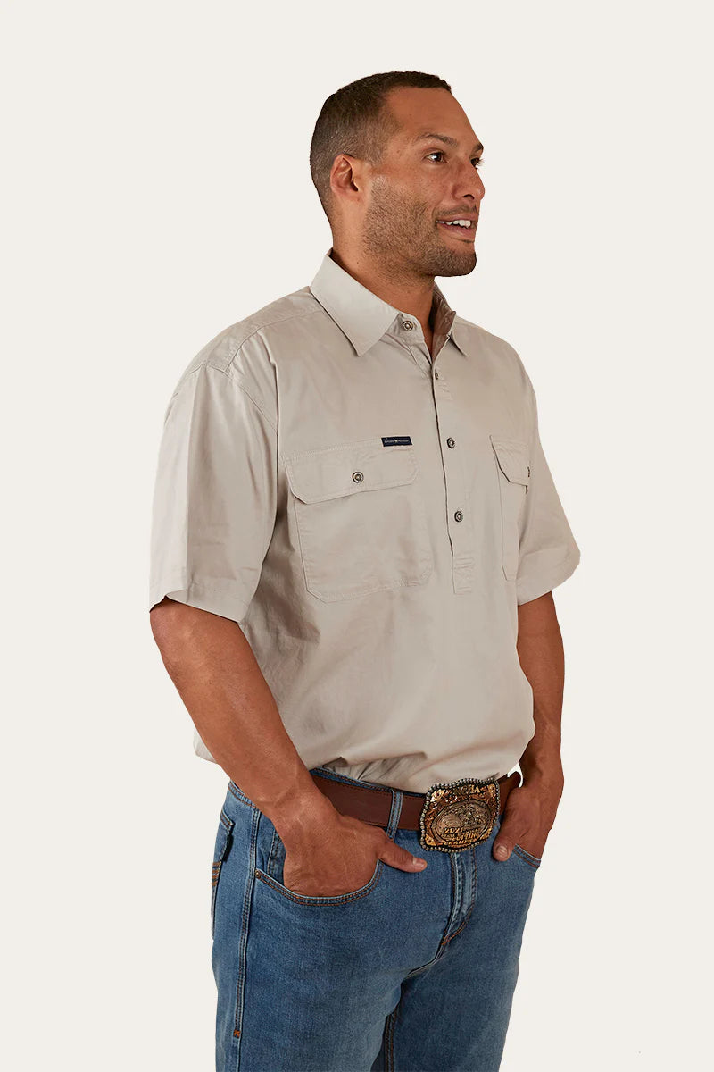 Pack Saddle Mens Short Sleeve Half Button Work Shirt  - Beige