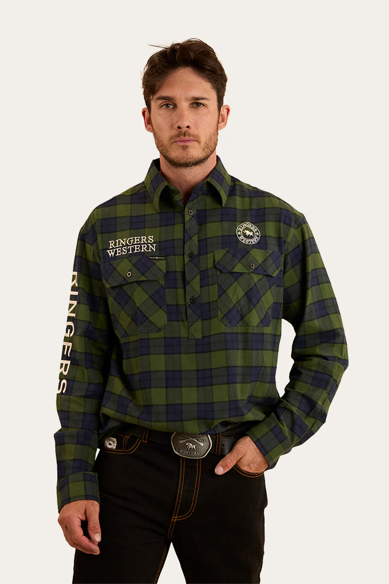 Kingswood Mens Half Button Flannel - Pine/Navy