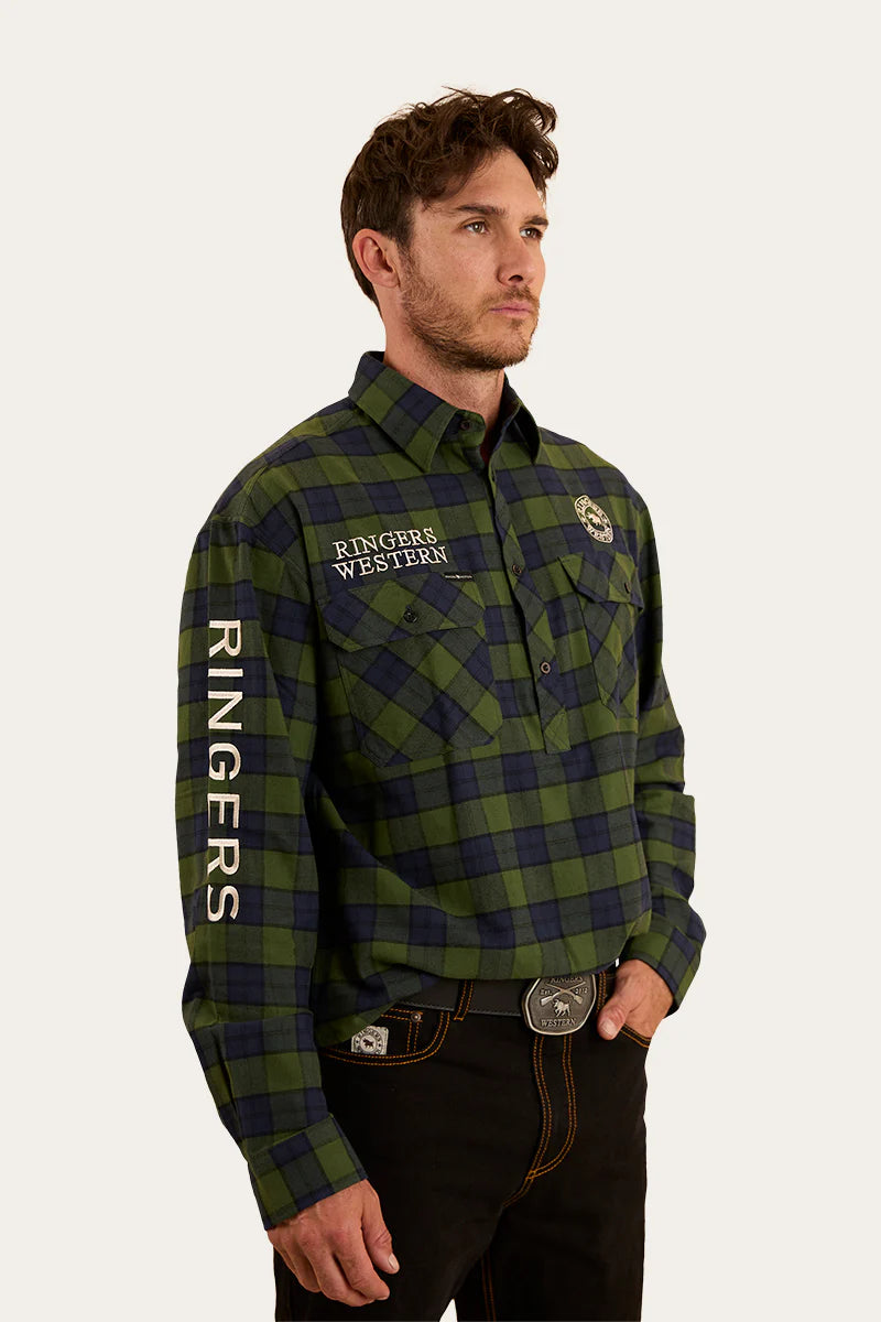 Kingswood Mens Half Button Flannel - Pine/Navy