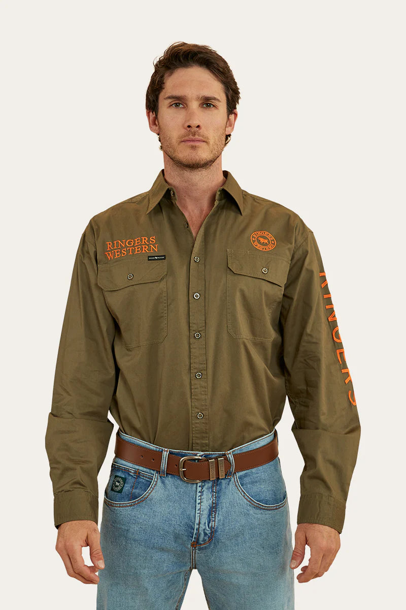 Hawkeye Mens Full Button Work Shirt  - Military Green /Orange