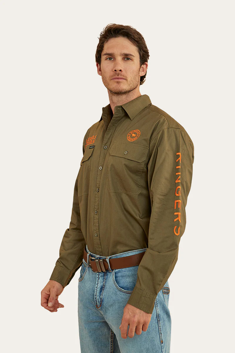 Hawkeye Mens Full Button Work Shirt  - Military Green /Orange